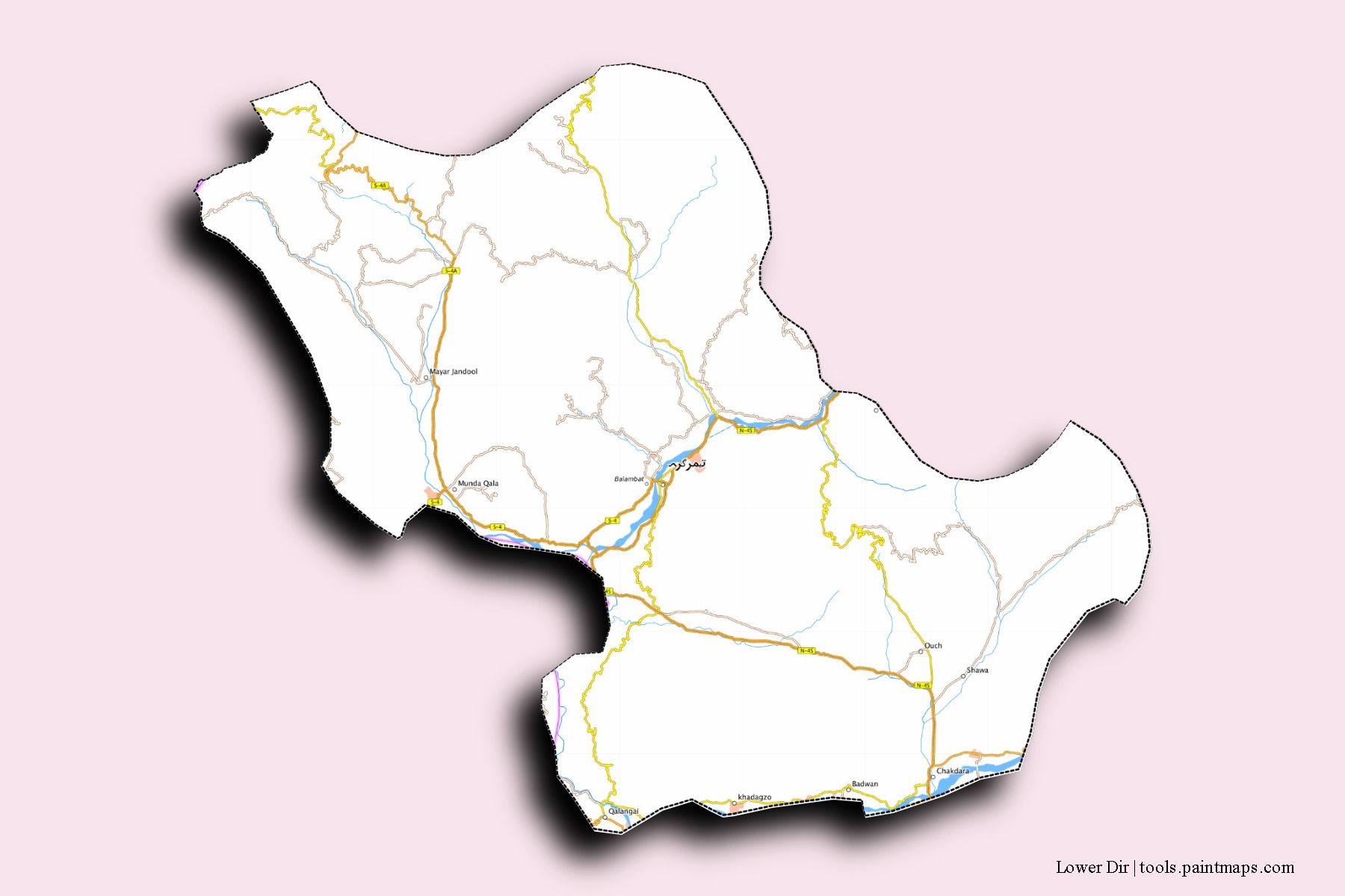 Lower Dir neighborhoods and villages map with 3D shadow effect