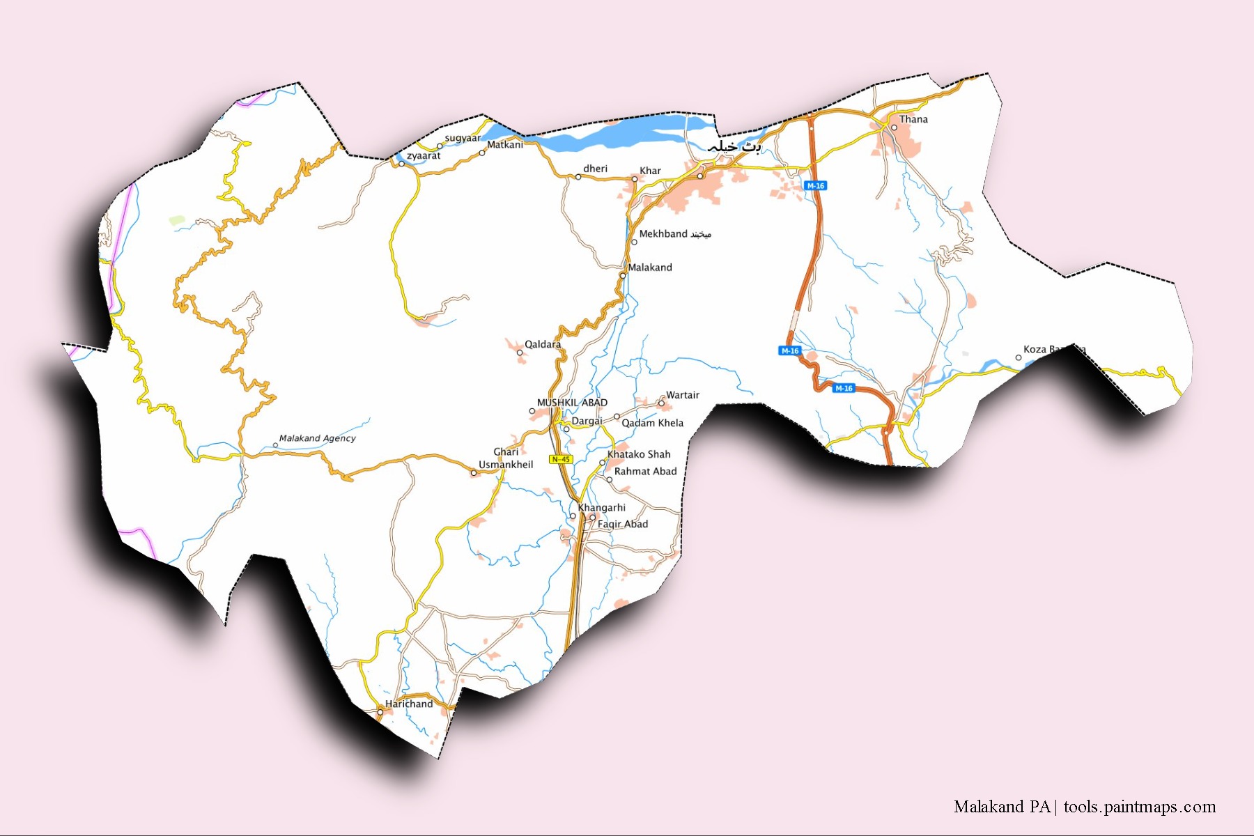 Mapa de barrios y pueblos de Malakand PA con efecto de sombra 3D