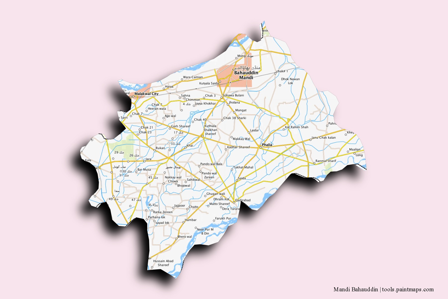 Mapa de barrios y pueblos de Mandi Bahauddin con efecto de sombra 3D