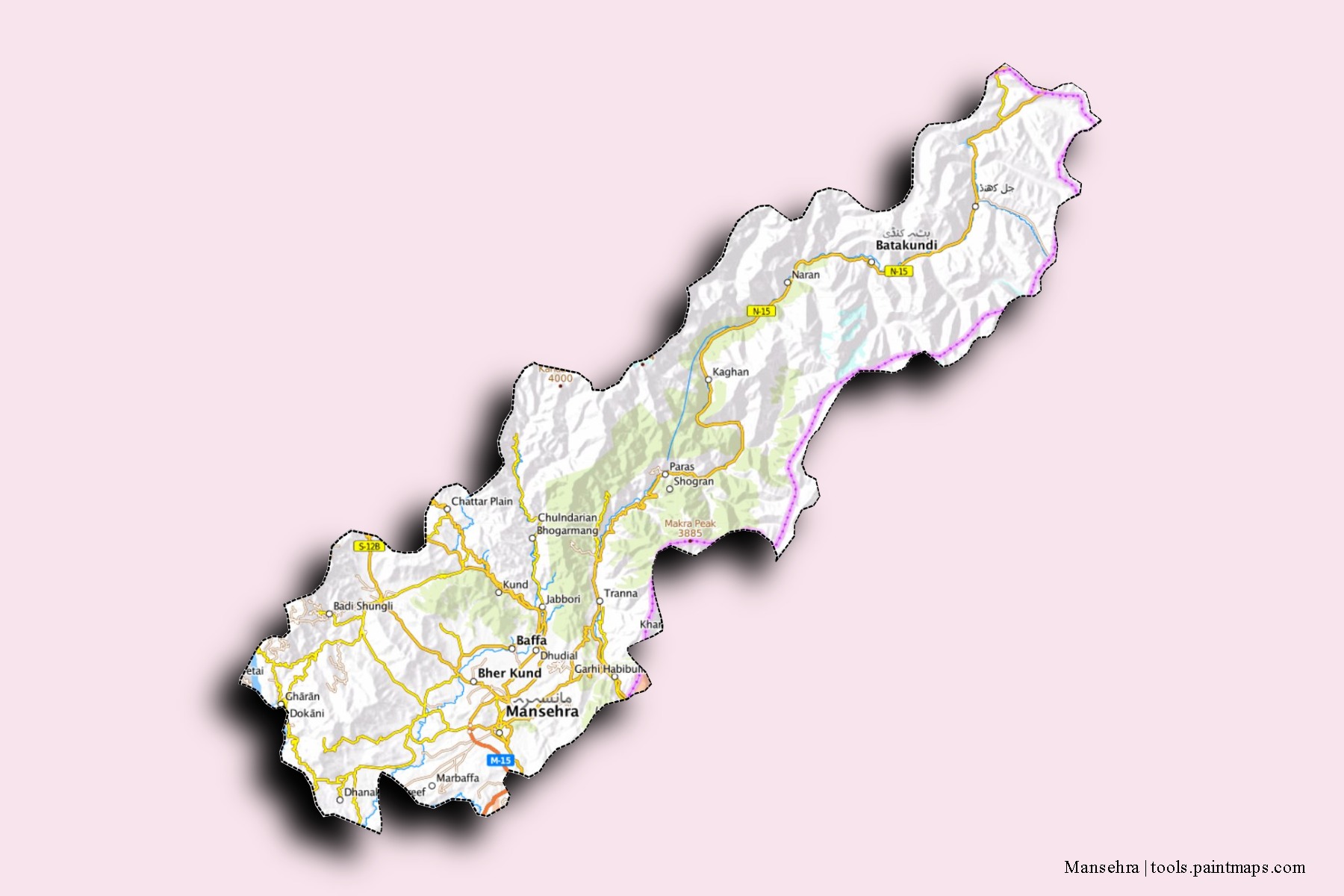 Mansehra neighborhoods and villages map with 3D shadow effect