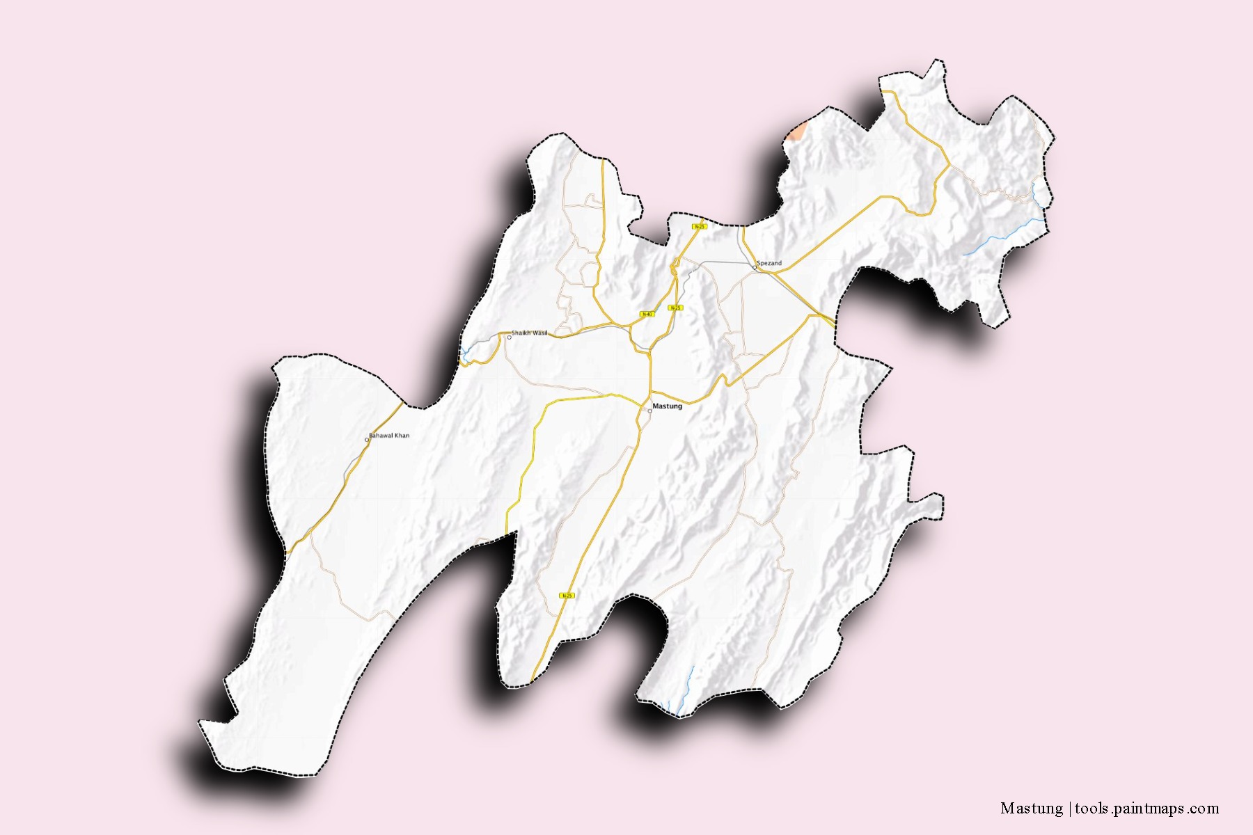 Mapa de barrios y pueblos de Mastung con efecto de sombra 3D