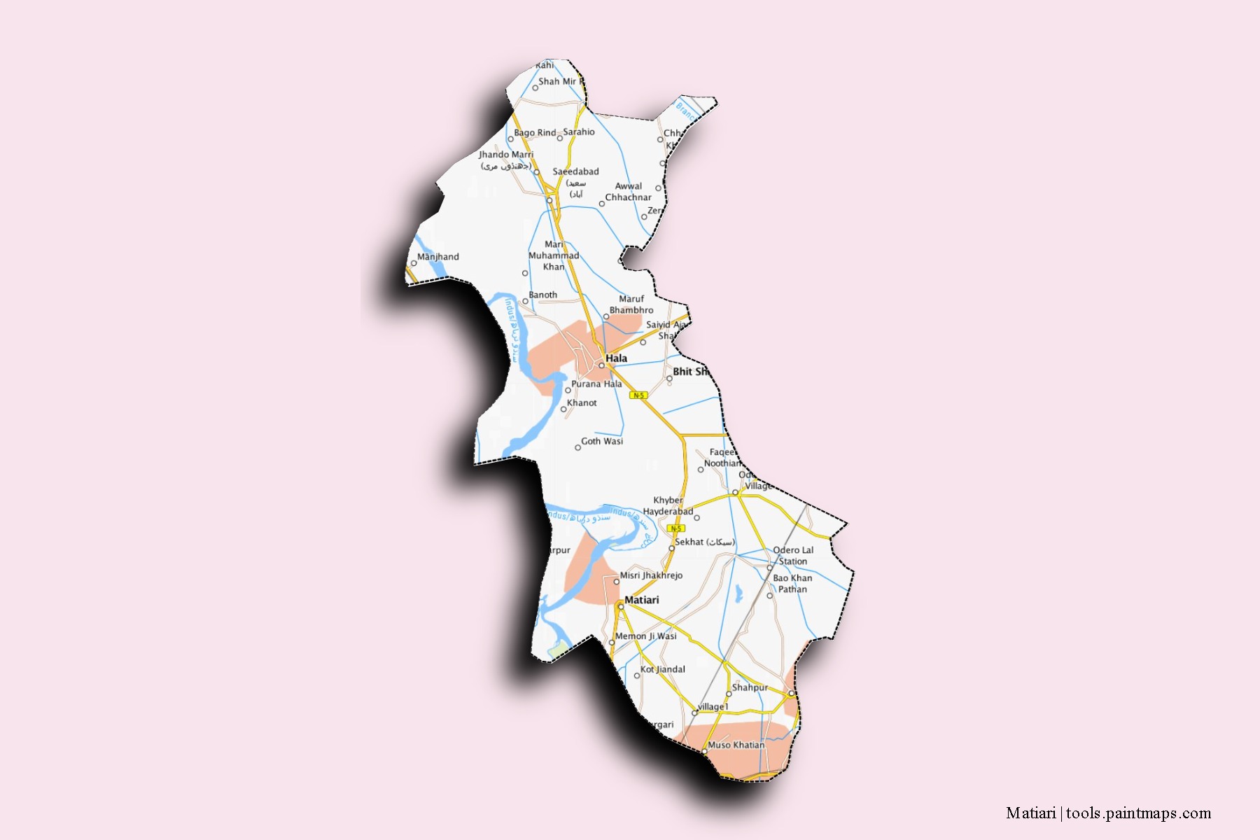 Mapa de barrios y pueblos de Matiari con efecto de sombra 3D