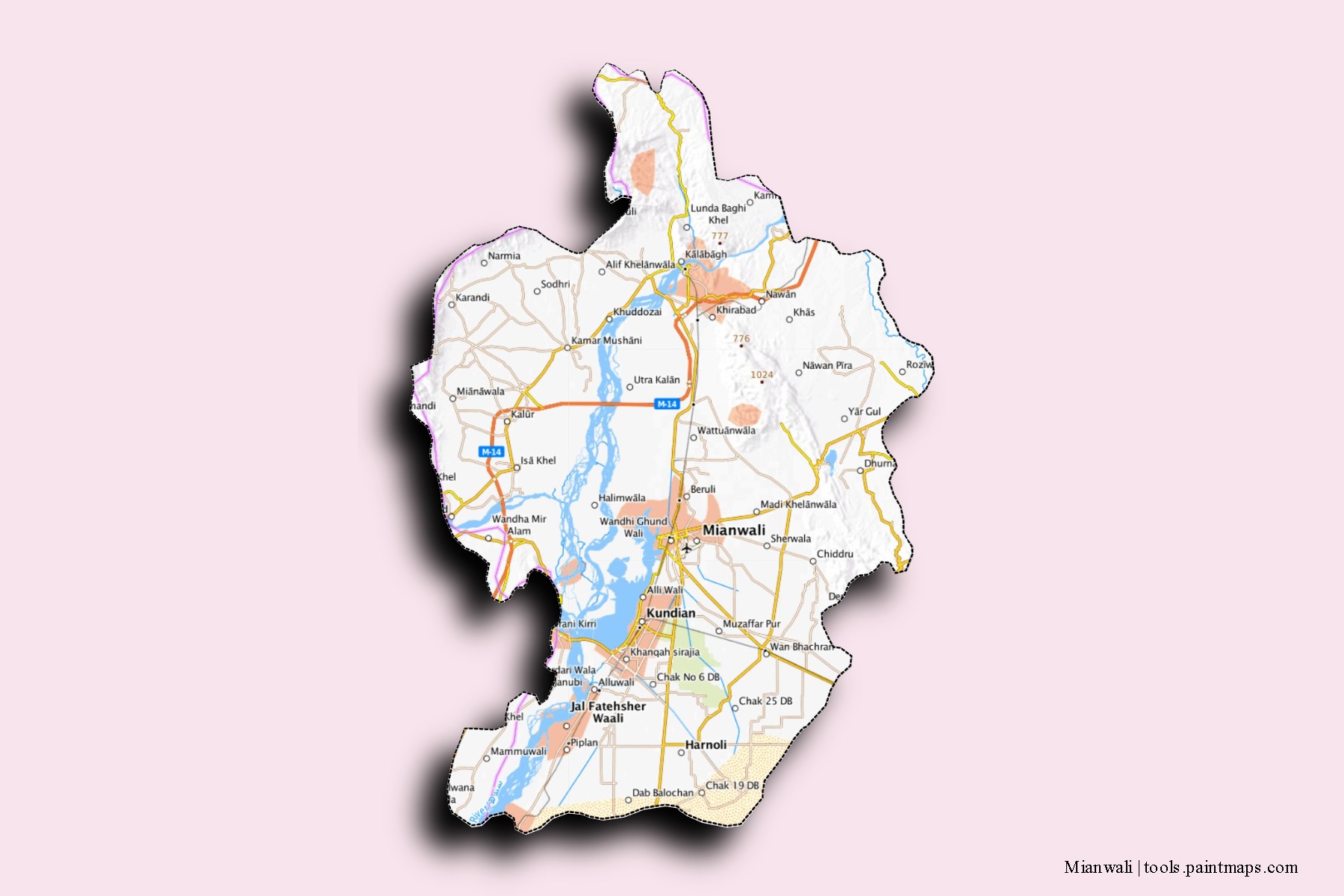 Mapa de barrios y pueblos de Mianwali con efecto de sombra 3D