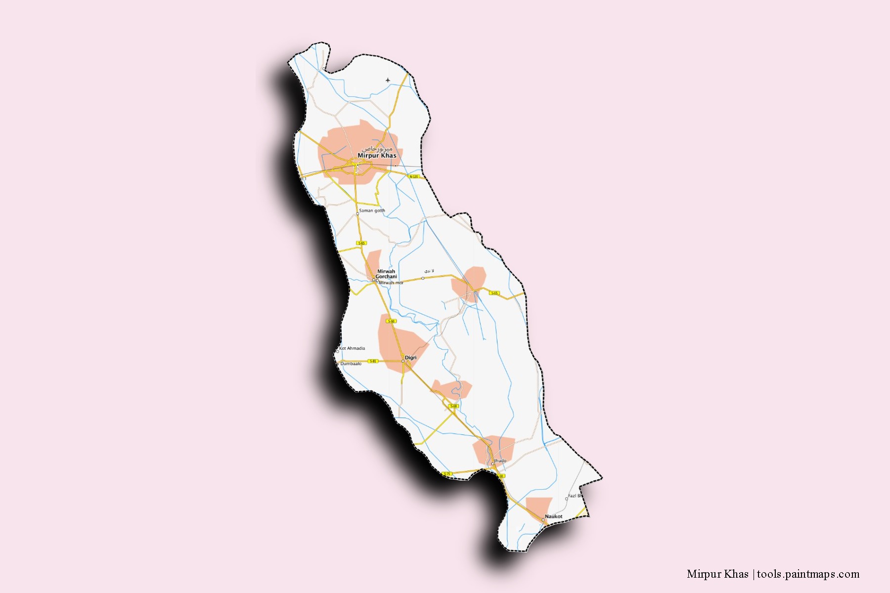 Mirpur Khas neighborhoods and villages map with 3D shadow effect