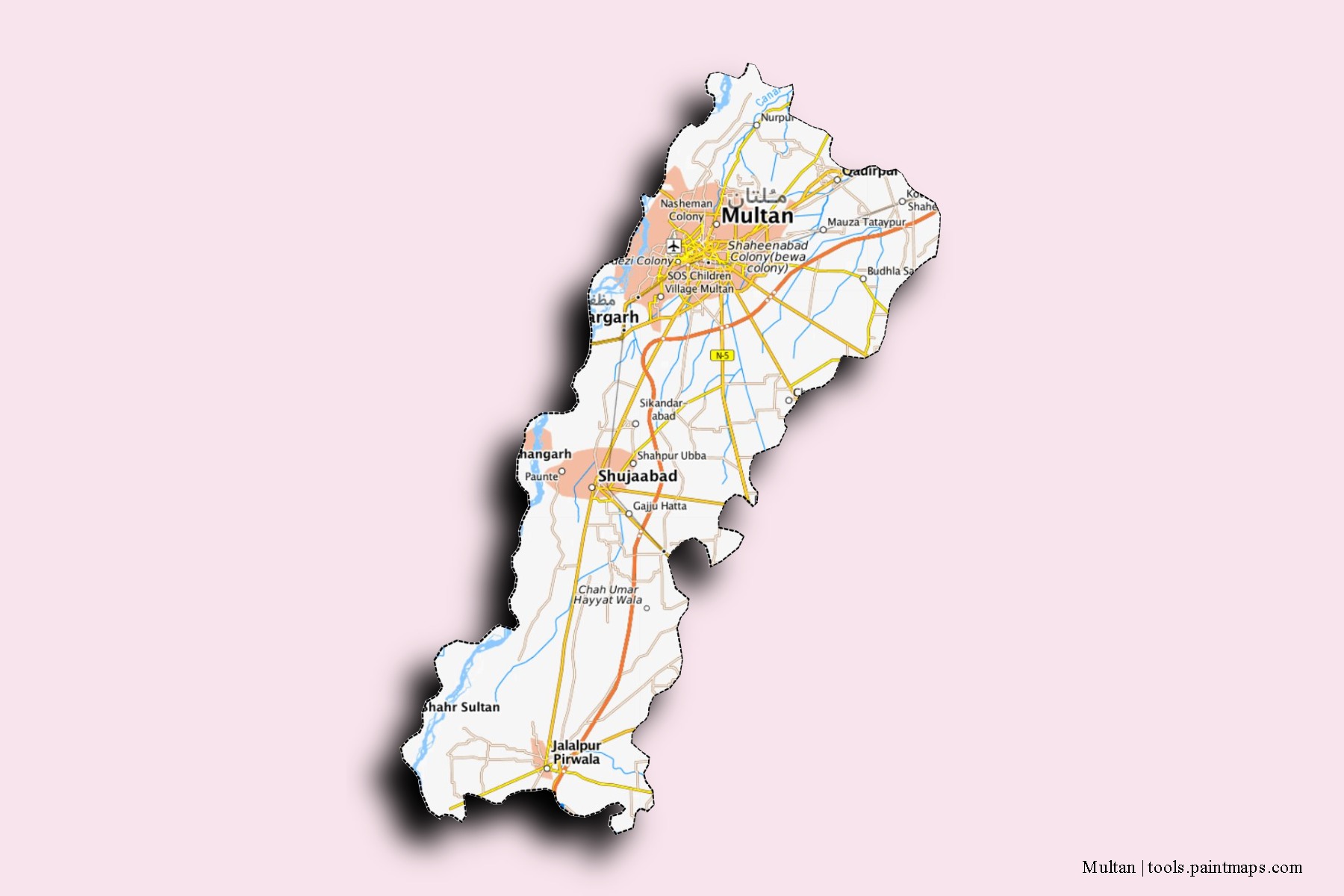 Mapa de barrios y pueblos de Multan con efecto de sombra 3D