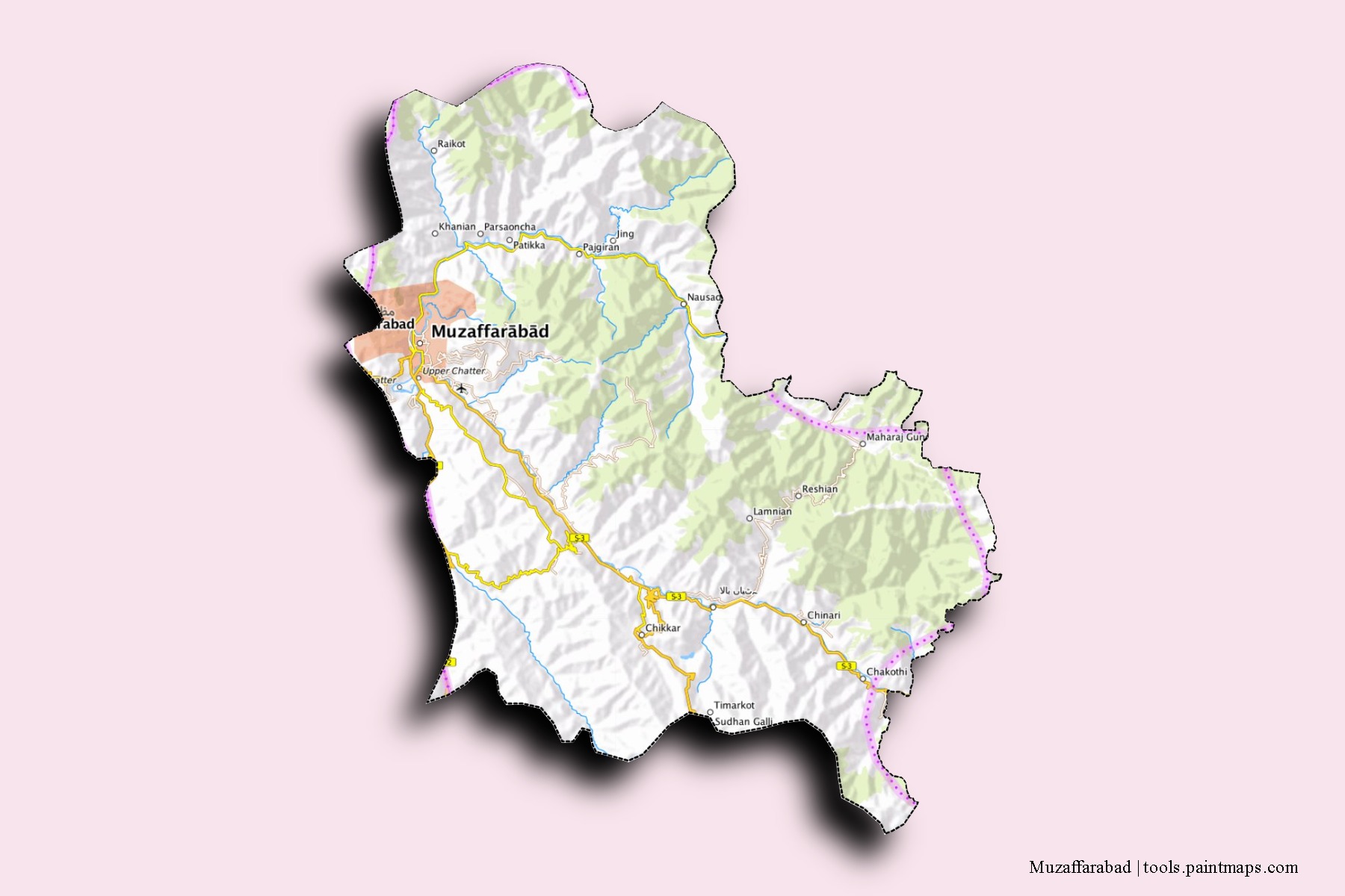 Mapa de barrios y pueblos de Muzaffarabad con efecto de sombra 3D