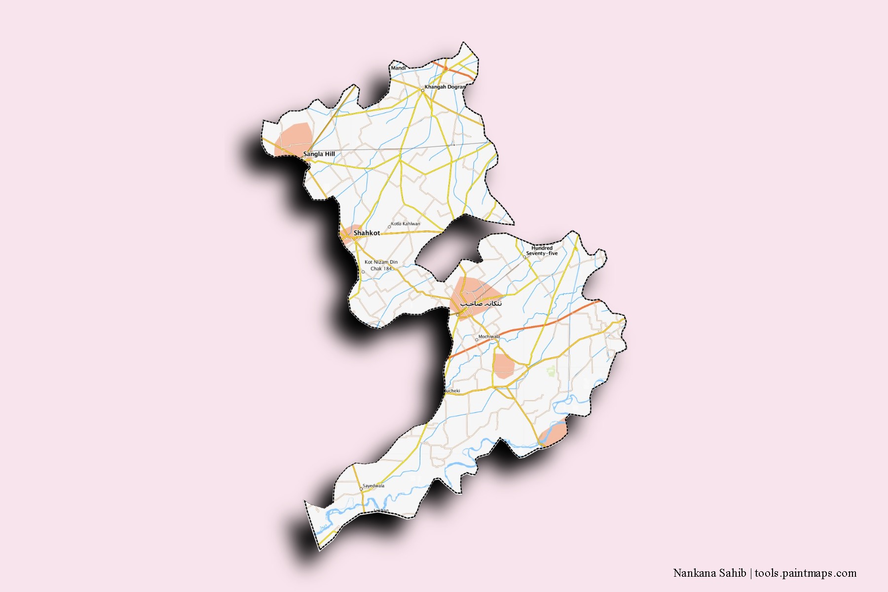 Nankana Sahib neighborhoods and villages map with 3D shadow effect