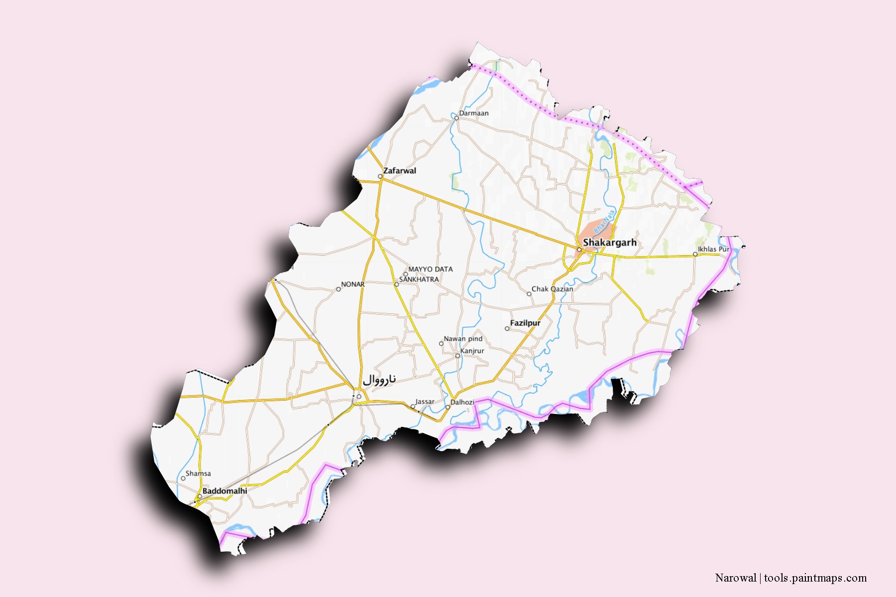 Mapa de barrios y pueblos de Narowal con efecto de sombra 3D