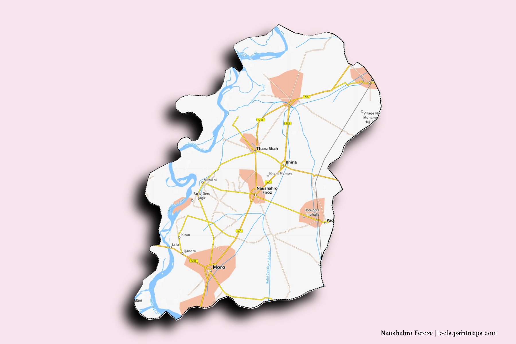 Mapa de barrios y pueblos de Naushahro Feroze con efecto de sombra 3D