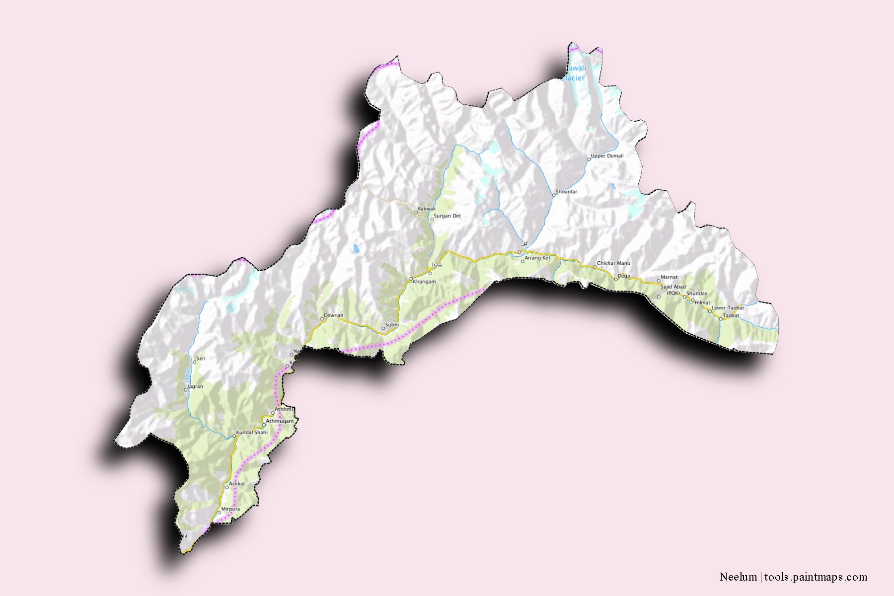 Mapa de barrios y pueblos de Neelum con efecto de sombra 3D