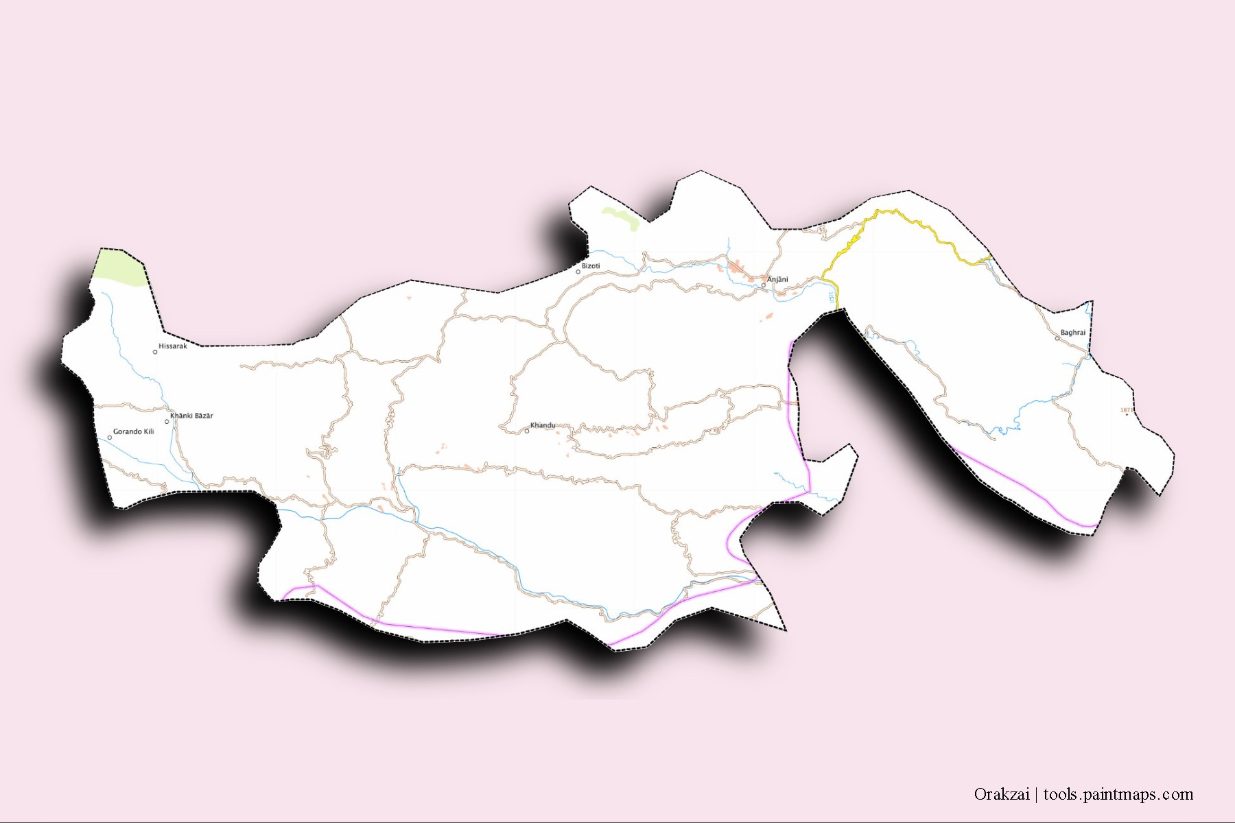 Orakzai neighborhoods and villages map with 3D shadow effect