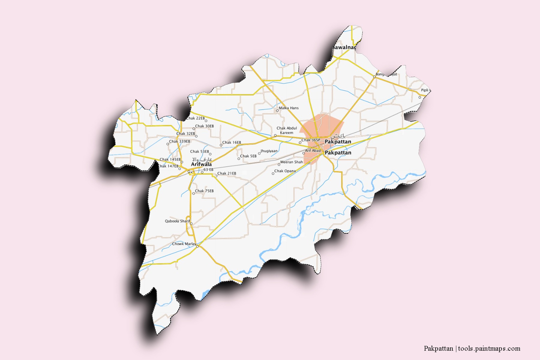 Mapa de barrios y pueblos de Pakpattan con efecto de sombra 3D