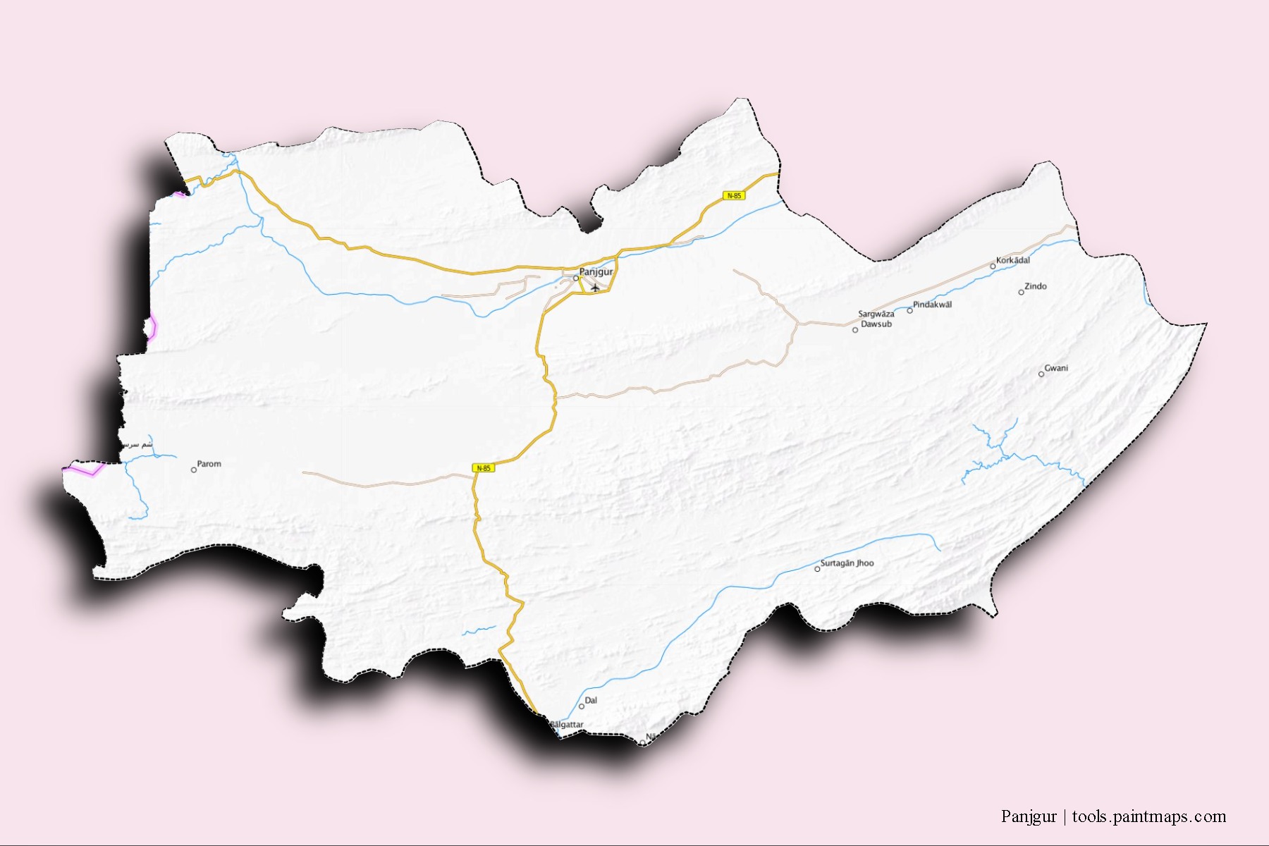 Panjgur neighborhoods and villages map with 3D shadow effect