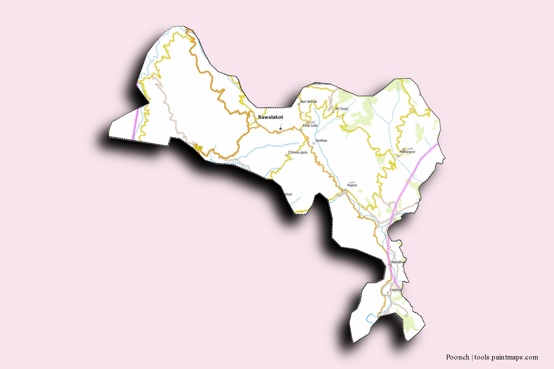 Poonch neighborhoods and villages map with 3D shadow effect