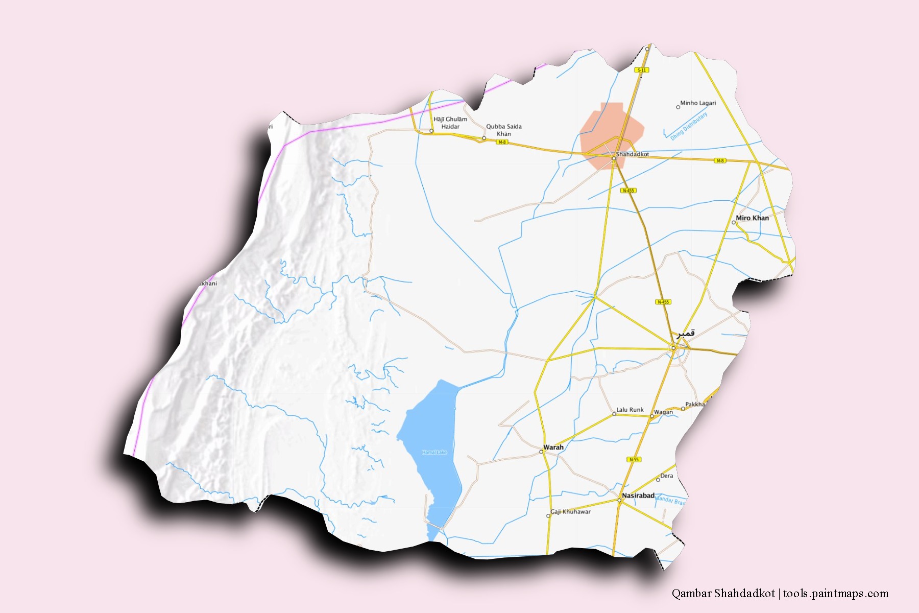 Qambar Shahdadkot neighborhoods and villages map with 3D shadow effect