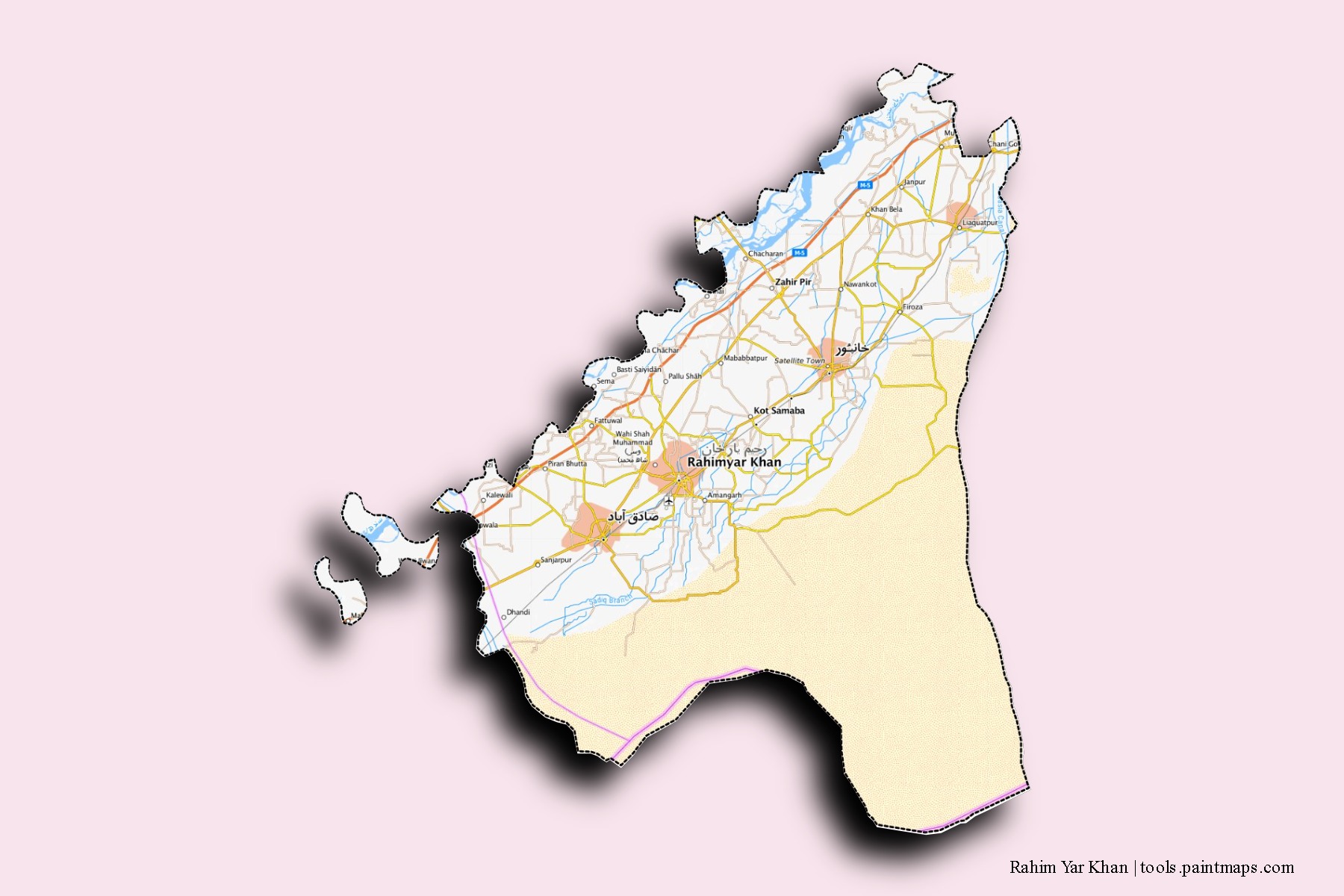 Rahim Yar Khan neighborhoods and villages map with 3D shadow effect