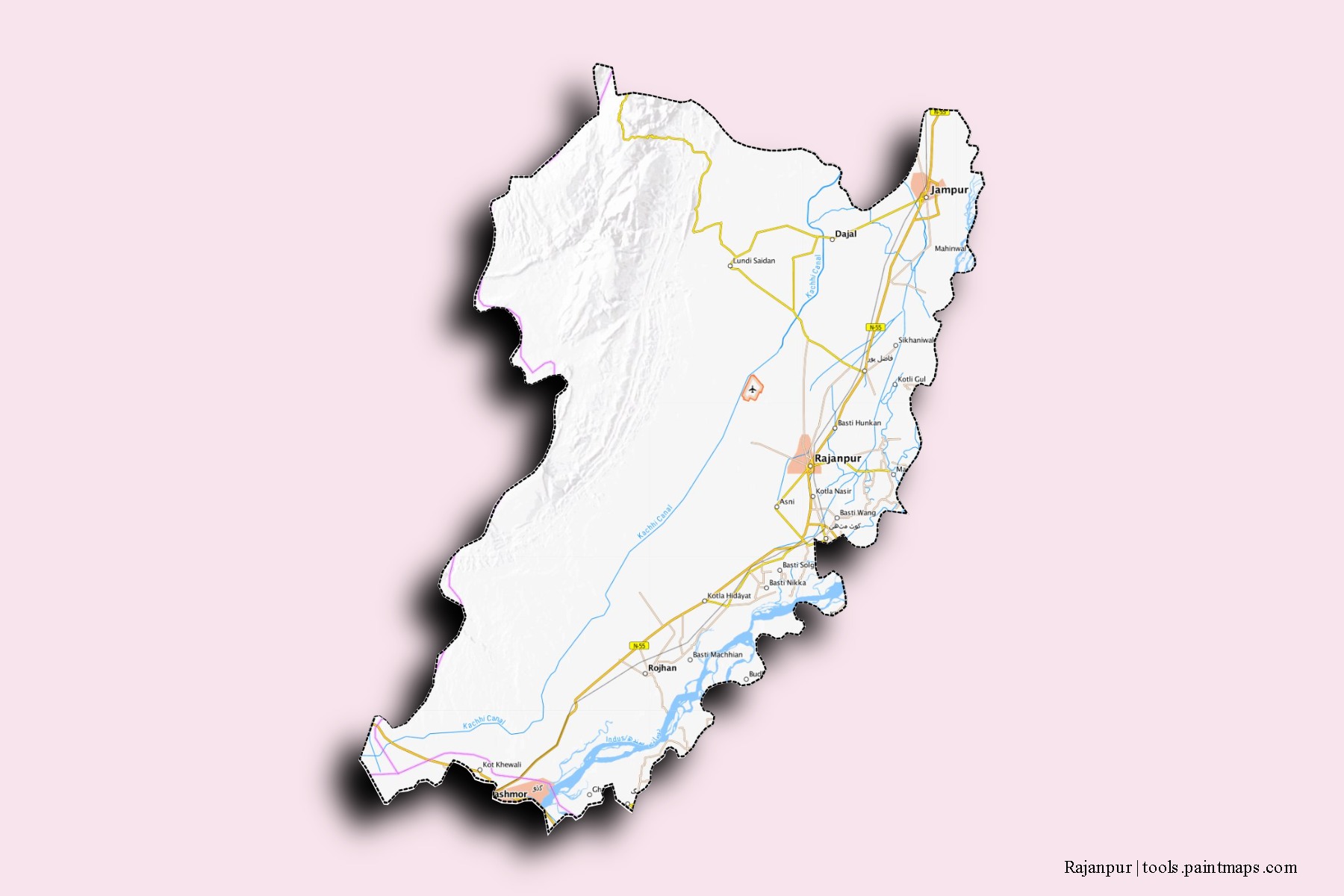 Mapa de barrios y pueblos de Rajanpur con efecto de sombra 3D