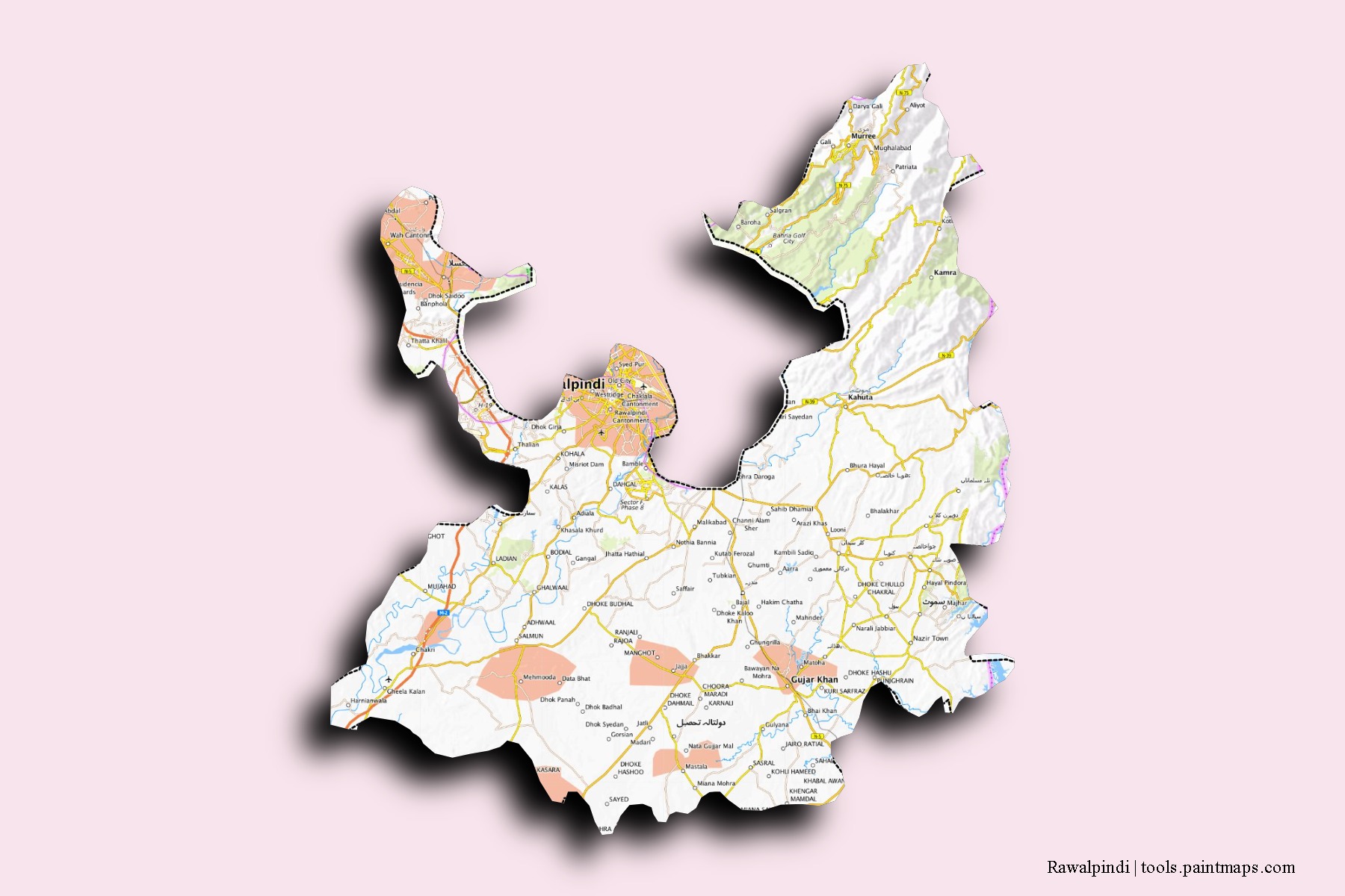 Mapa de barrios y pueblos de Rawalpindi con efecto de sombra 3D