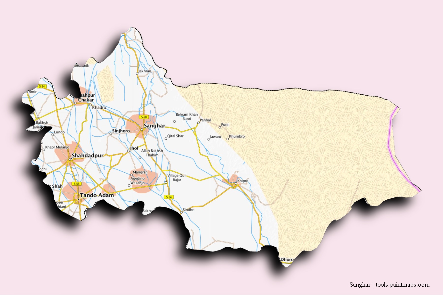 Sanghar neighborhoods and villages map with 3D shadow effect