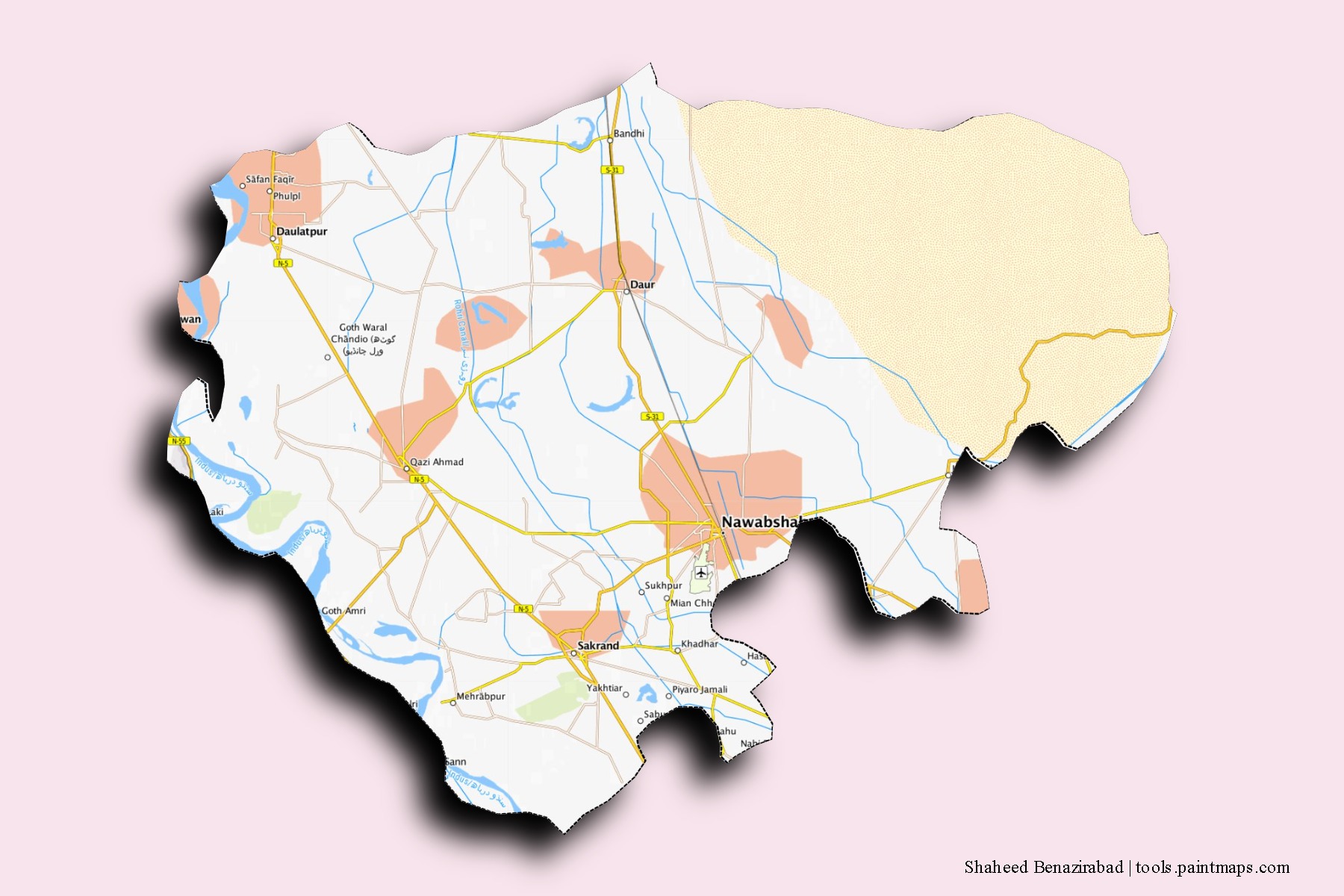 Shaheed Benazirabad neighborhoods and villages map with 3D shadow effect