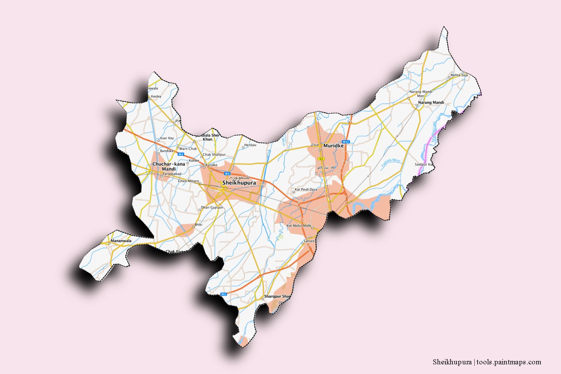 3D gölge efektli Sheikhupura mahalleleri ve köyleri haritası