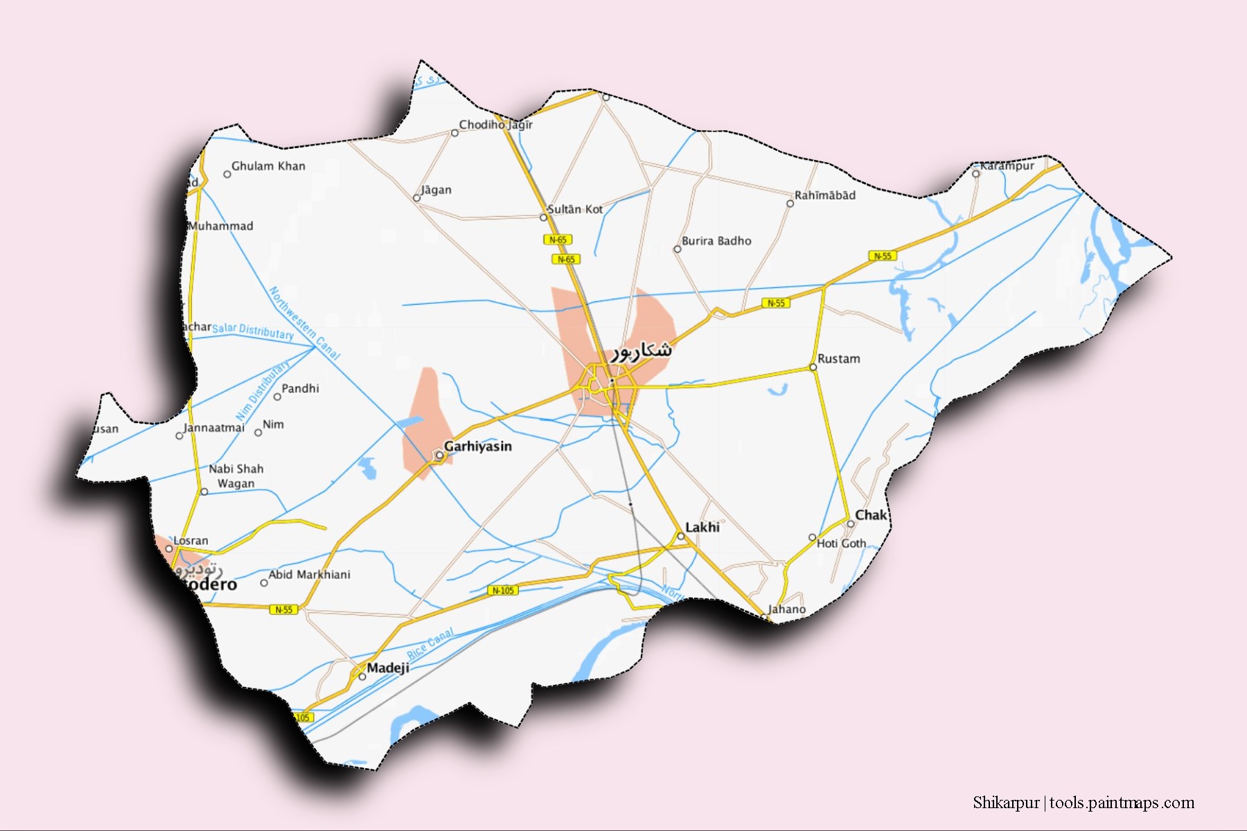 Shikarpur neighborhoods and villages map with 3D shadow effect