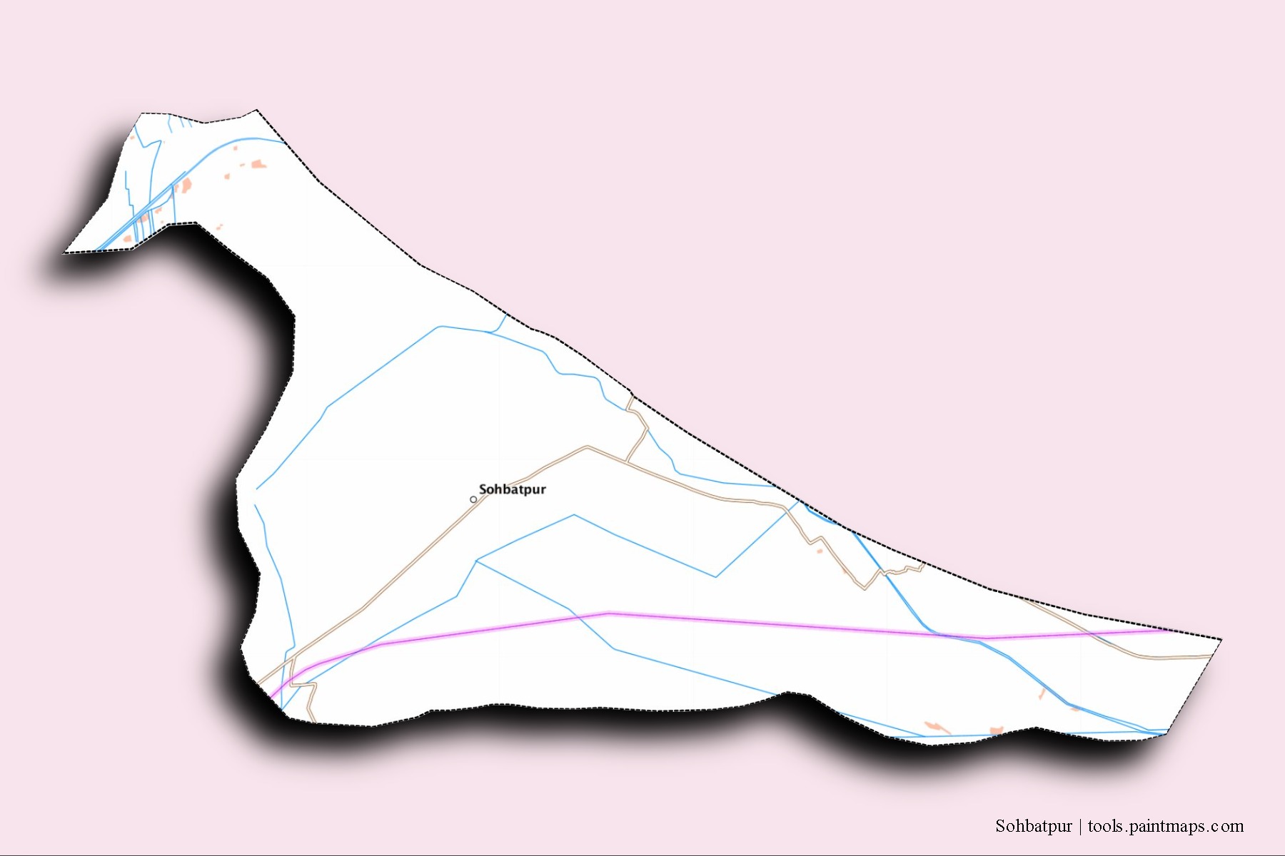 Sohbatpur neighborhoods and villages map with 3D shadow effect