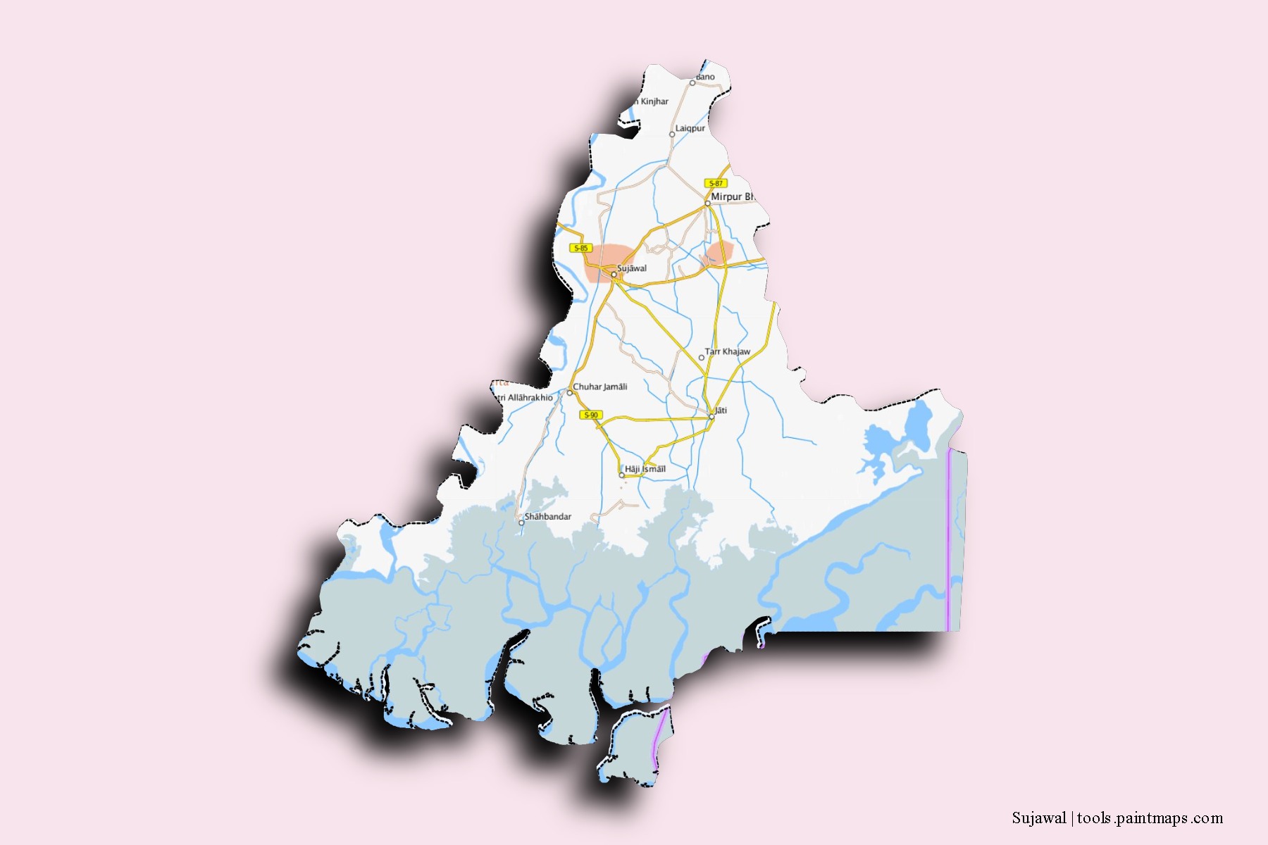 Sujawal neighborhoods and villages map with 3D shadow effect