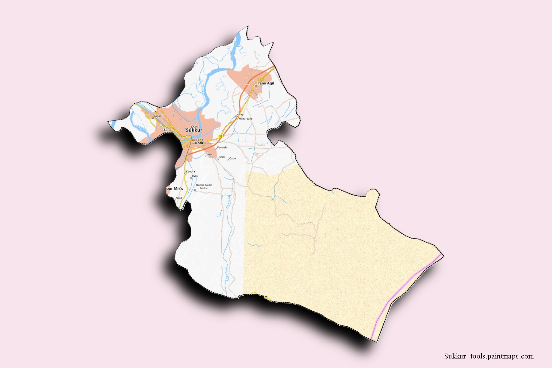 Mapa de barrios y pueblos de Sukkur con efecto de sombra 3D