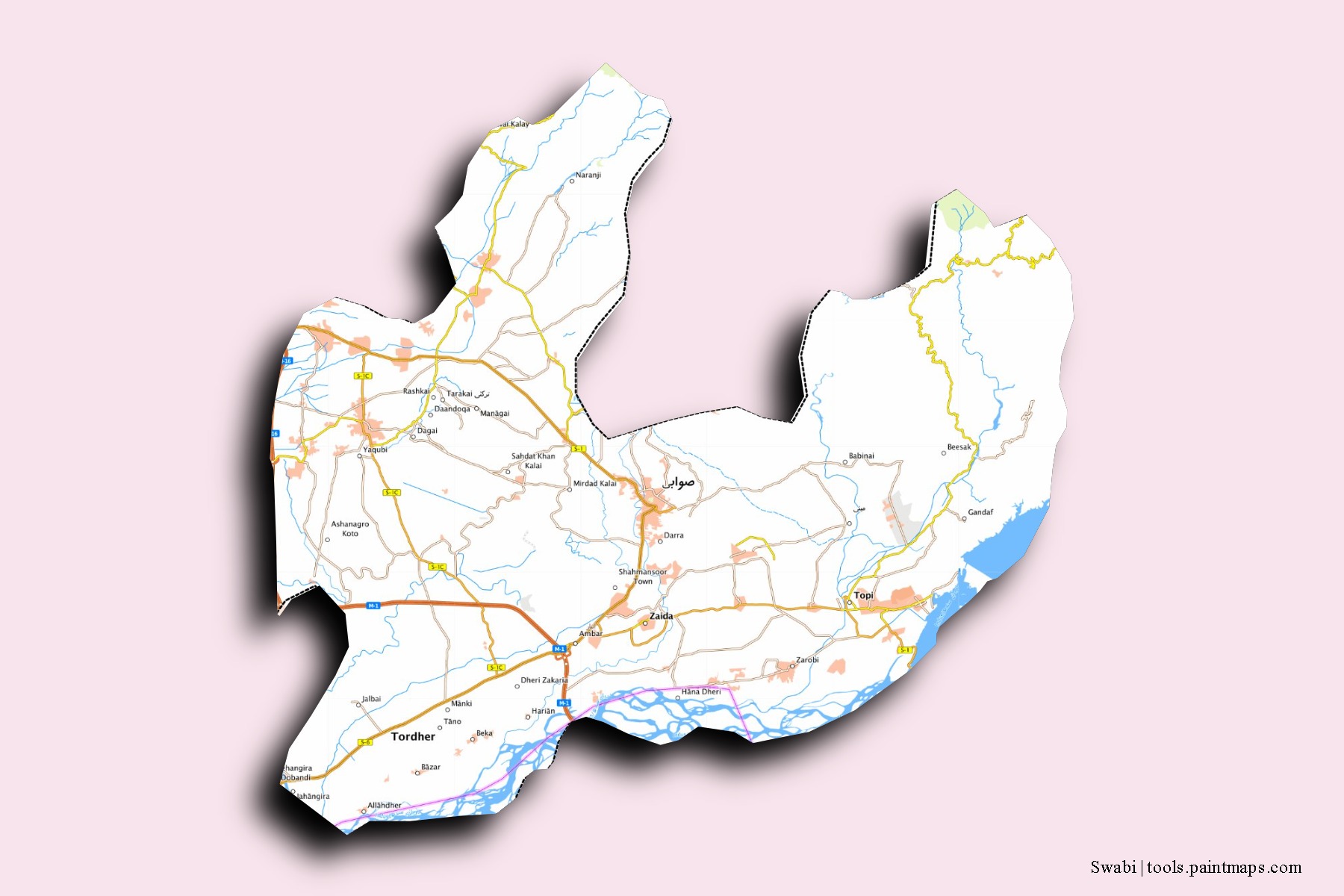 Swabi neighborhoods and villages map with 3D shadow effect