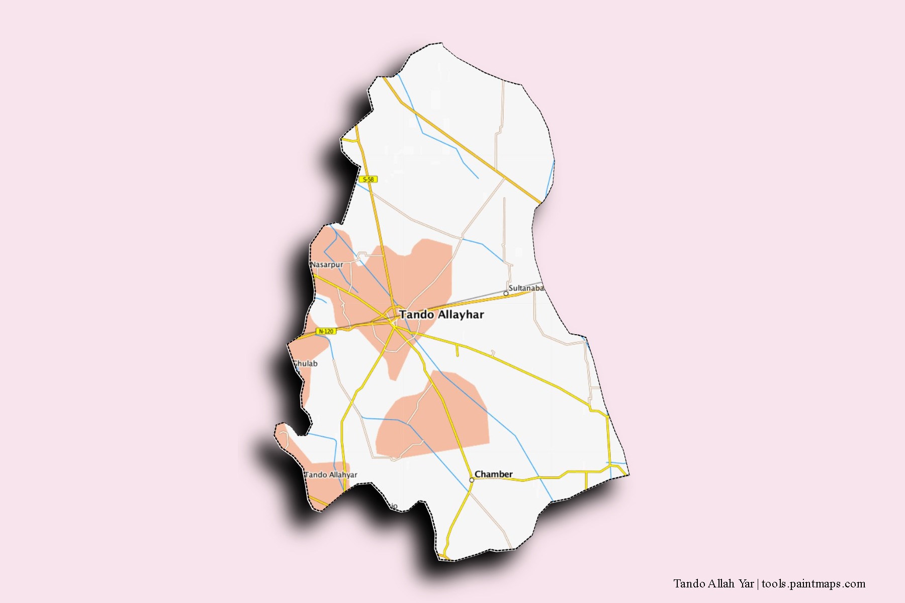 Mapa de barrios y pueblos de Tando Allah Yar con efecto de sombra 3D