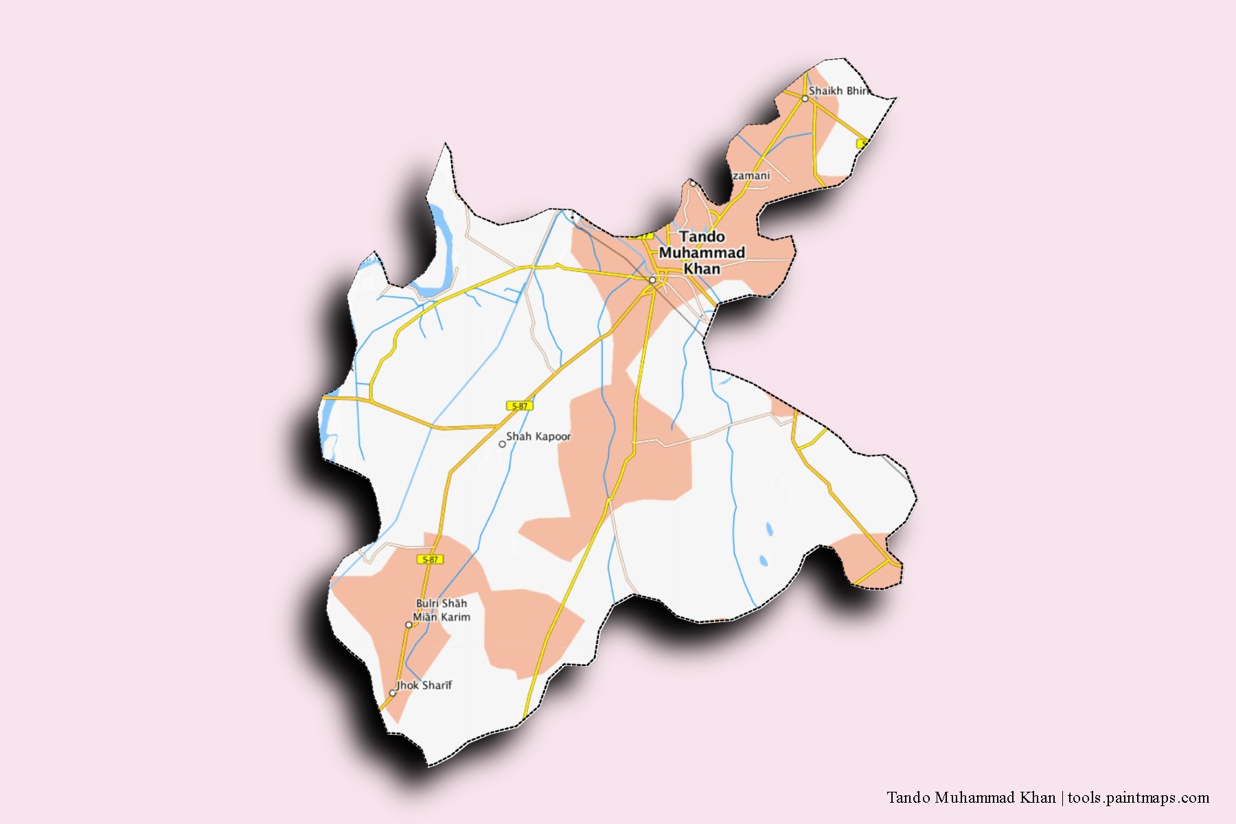 Tando Muhammad Khan neighborhoods and villages map with 3D shadow effect