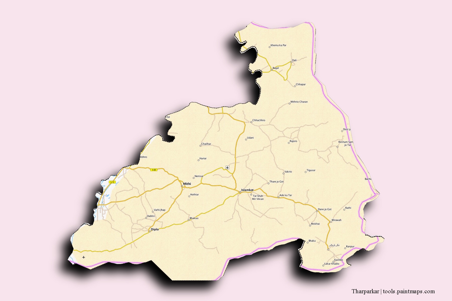 Tharparkar neighborhoods and villages map with 3D shadow effect