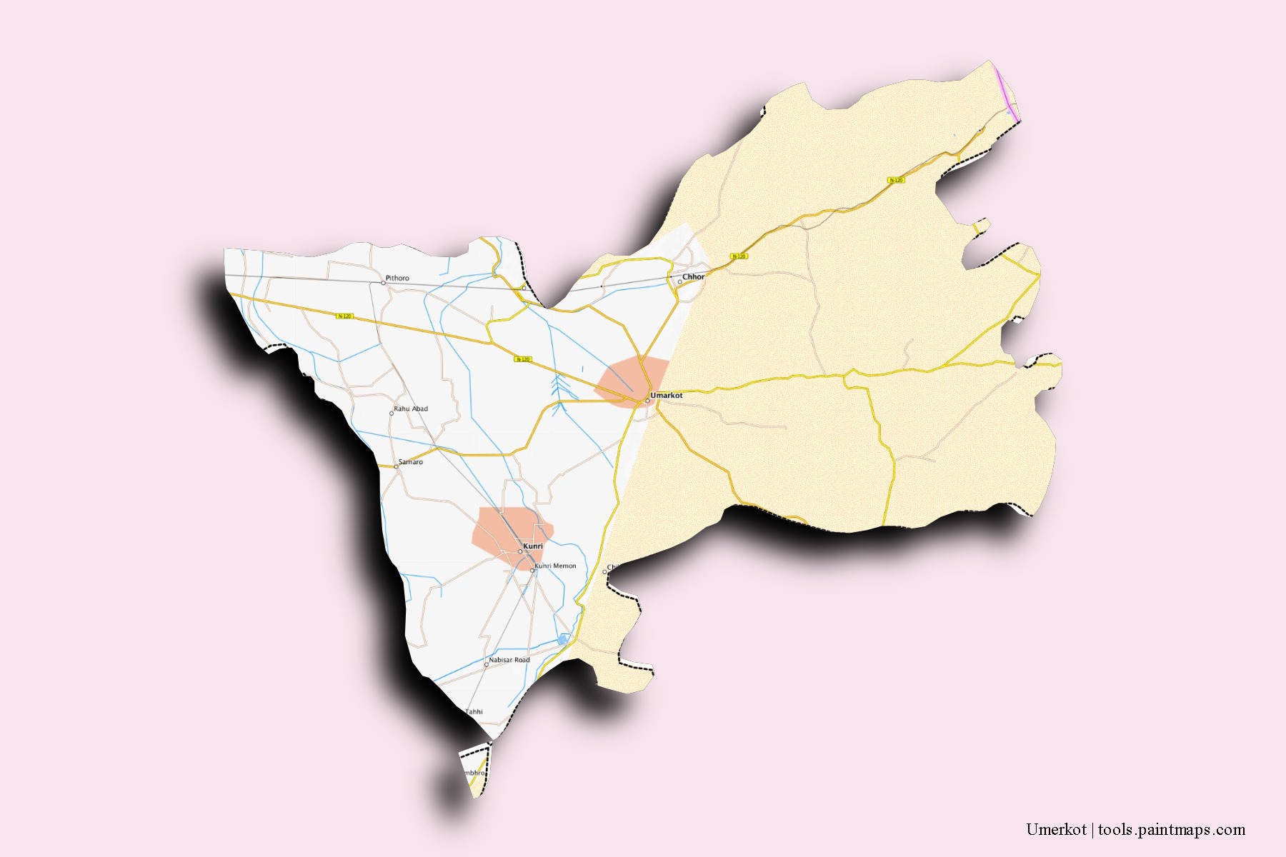 Umerkot neighborhoods and villages map with 3D shadow effect