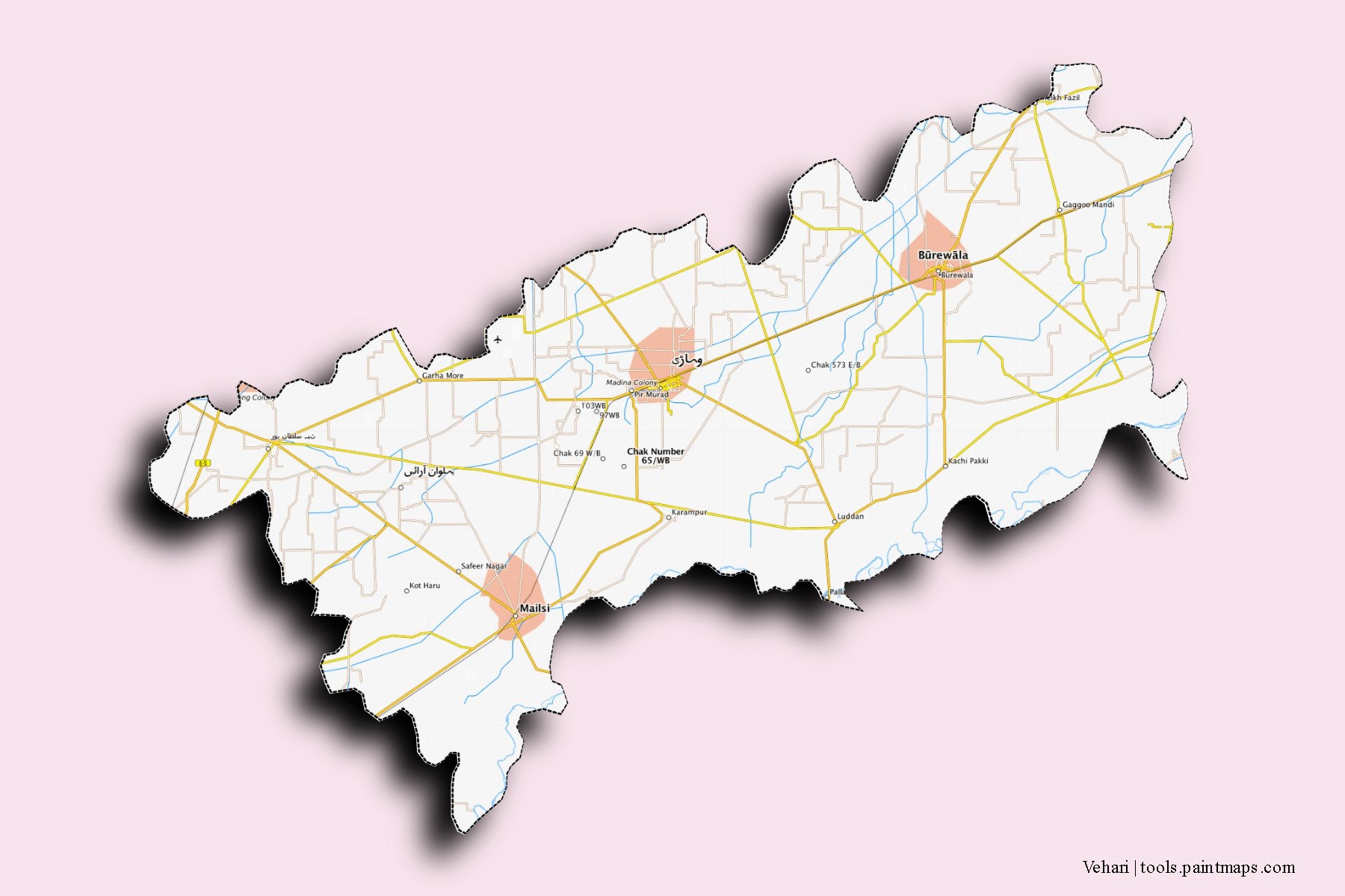 Vehari neighborhoods and villages map with 3D shadow effect