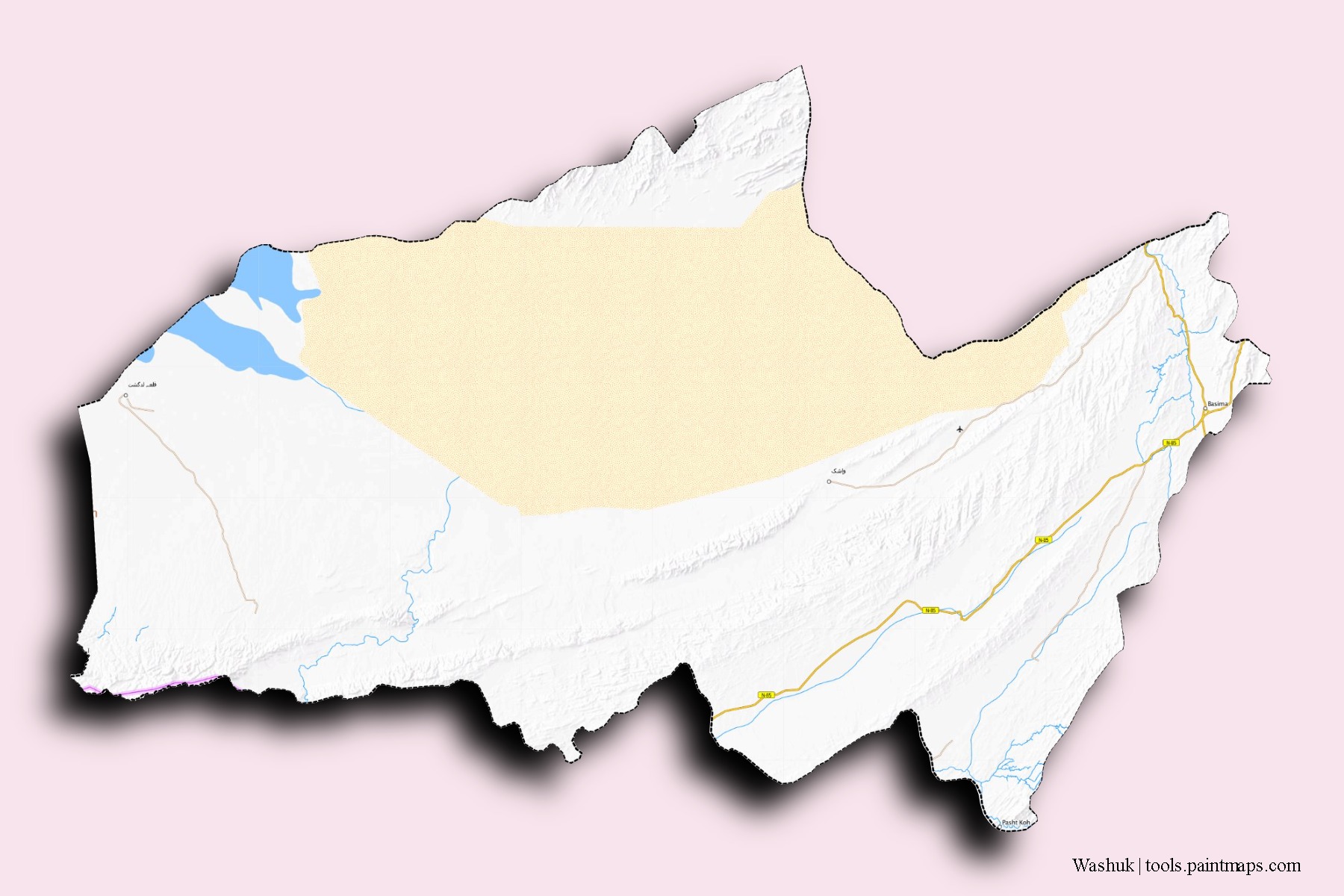 Washuk neighborhoods and villages map with 3D shadow effect