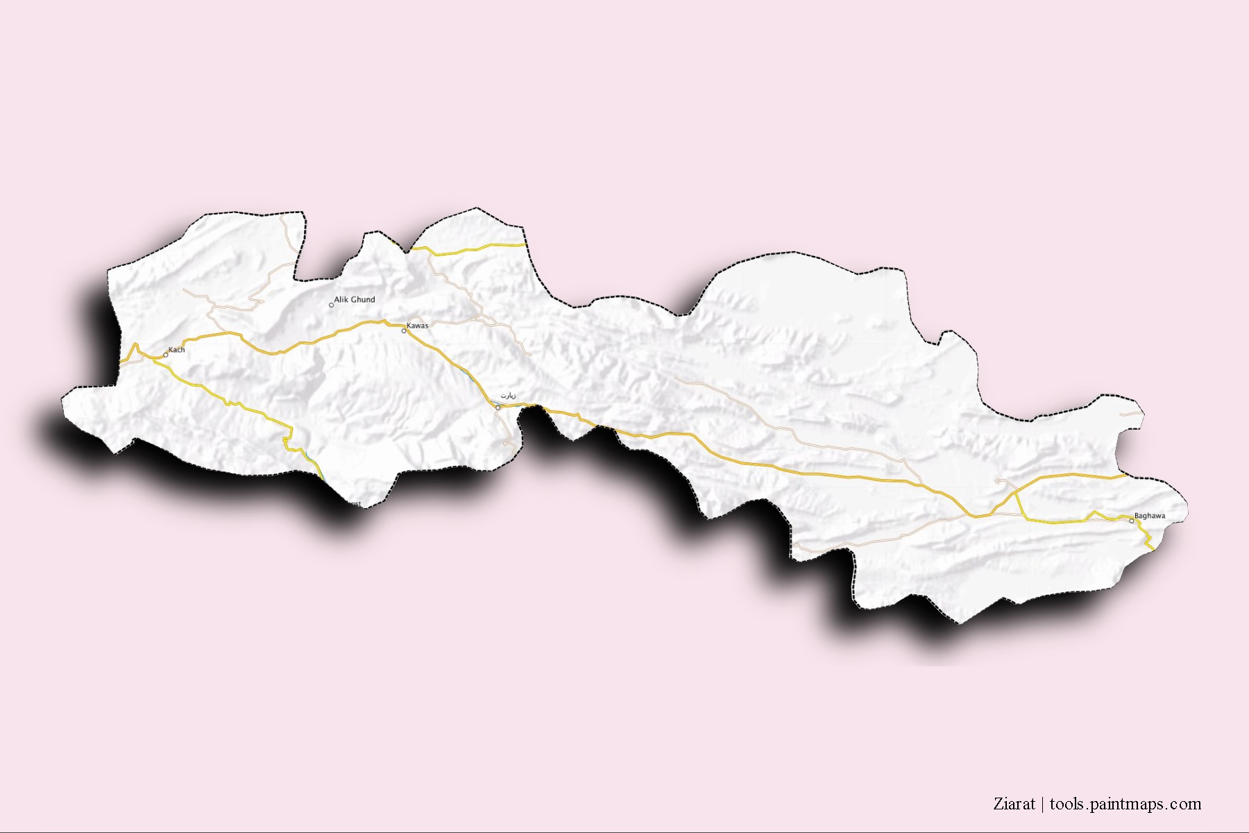 Ziarat neighborhoods and villages map with 3D shadow effect