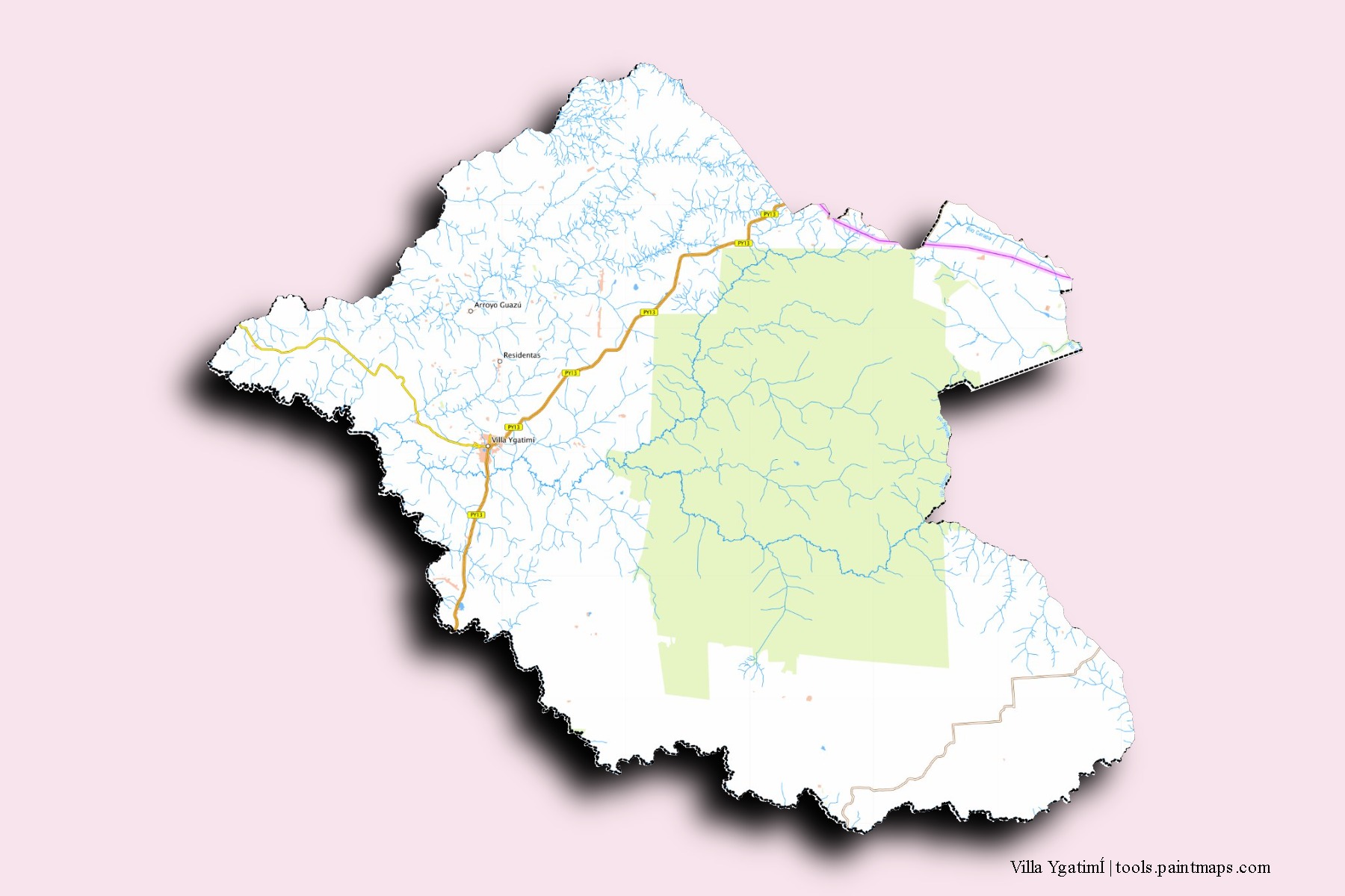 Mapa de barrios y pueblos de Villa YgatimÍ con efecto de sombra 3D