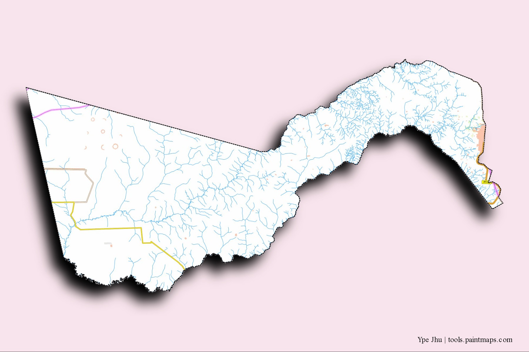 Mapa de barrios y pueblos de Ype Jhu con efecto de sombra 3D