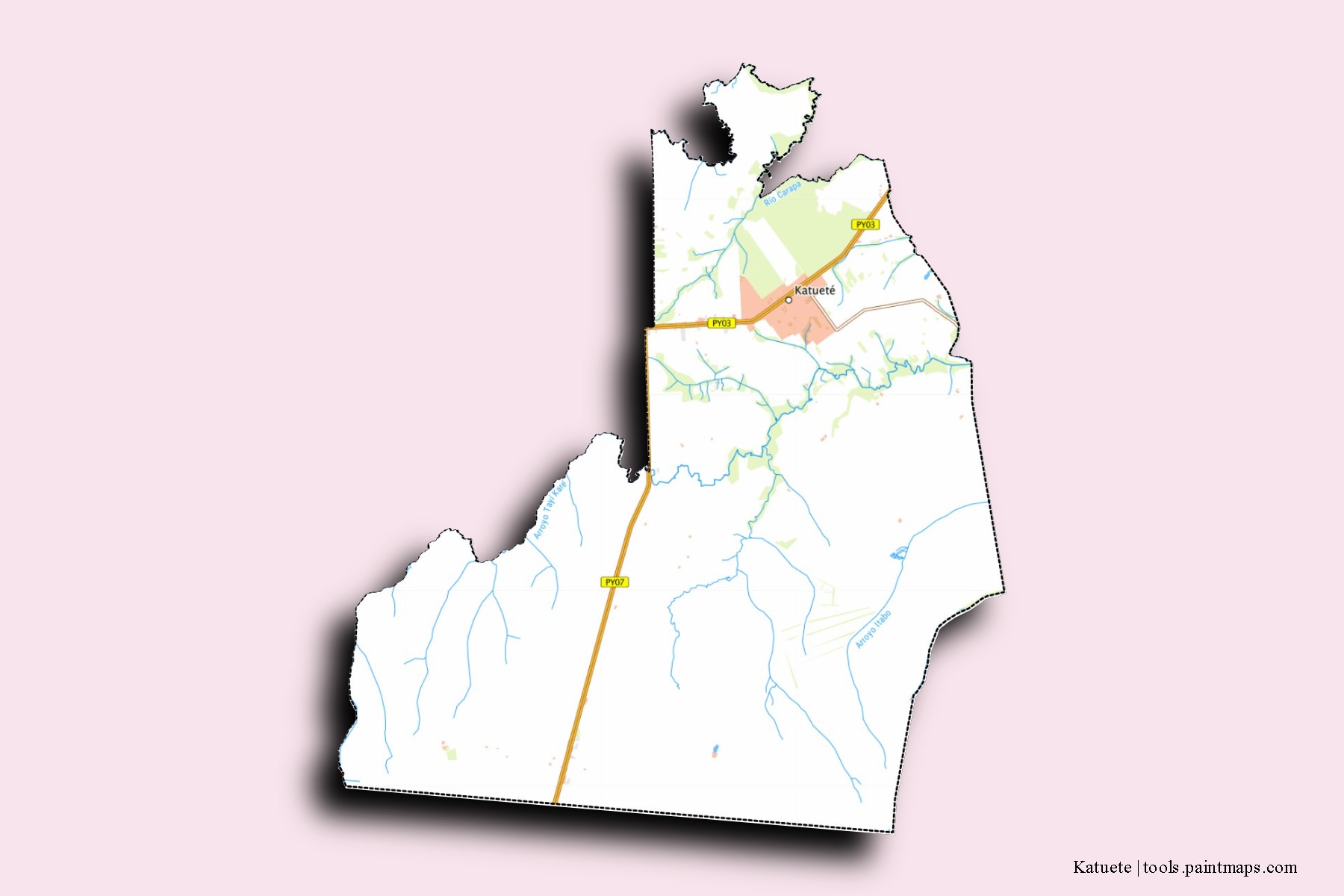 Mapa de barrios y pueblos de Katuete con efecto de sombra 3D