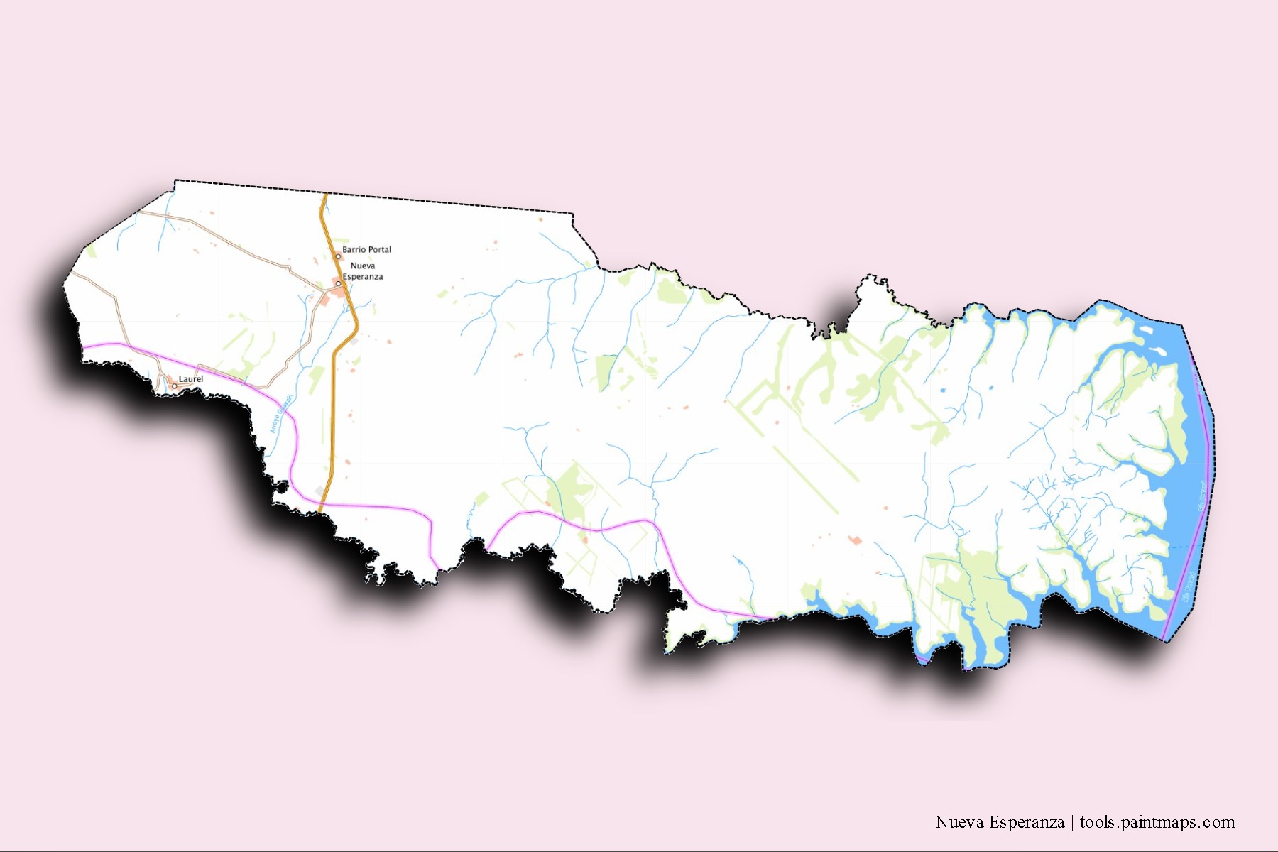 Mapa de barrios y pueblos de Nueva Esperanza con efecto de sombra 3D