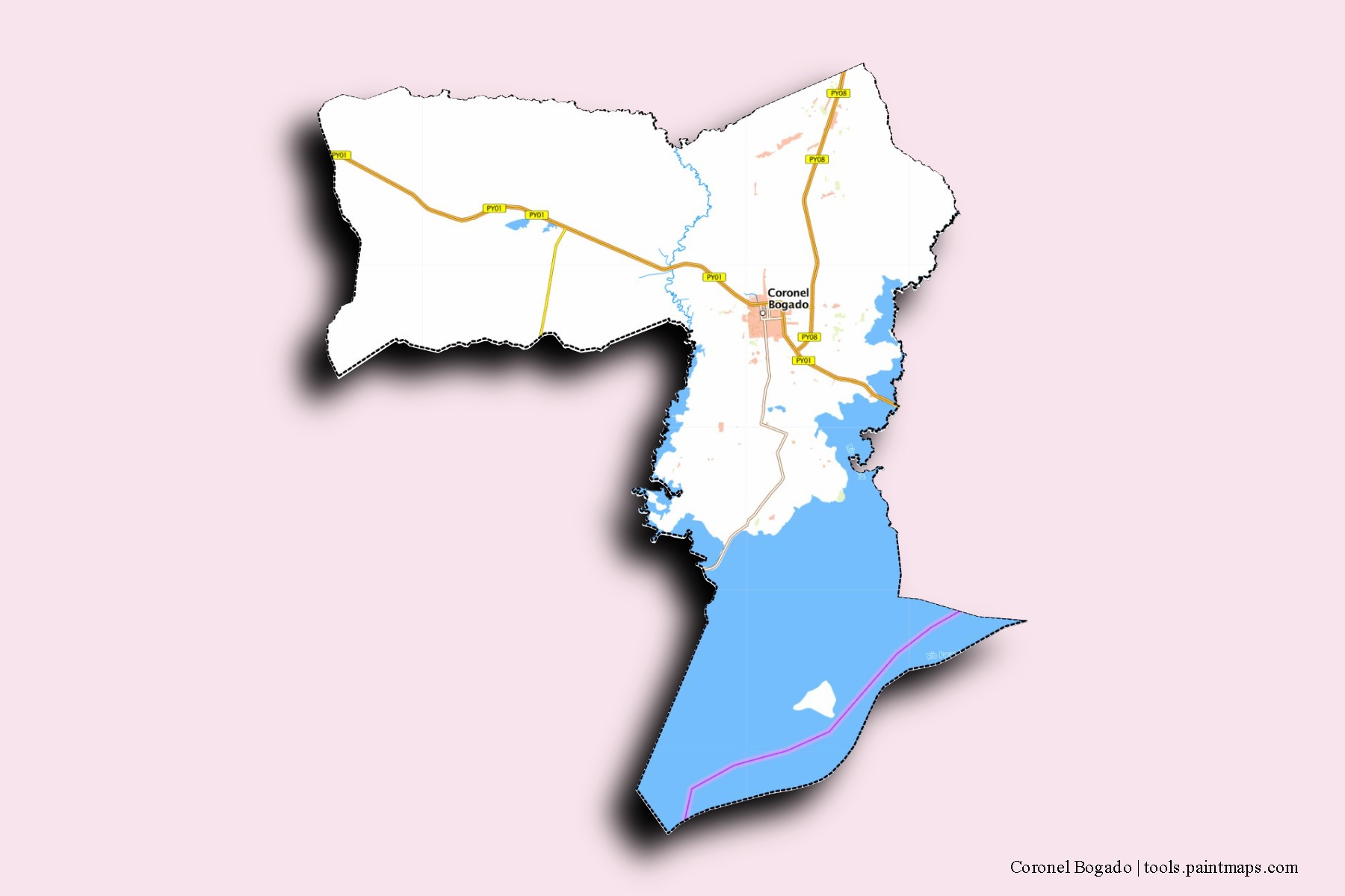 Mapa de barrios y pueblos de Coronel Bogado con efecto de sombra 3D