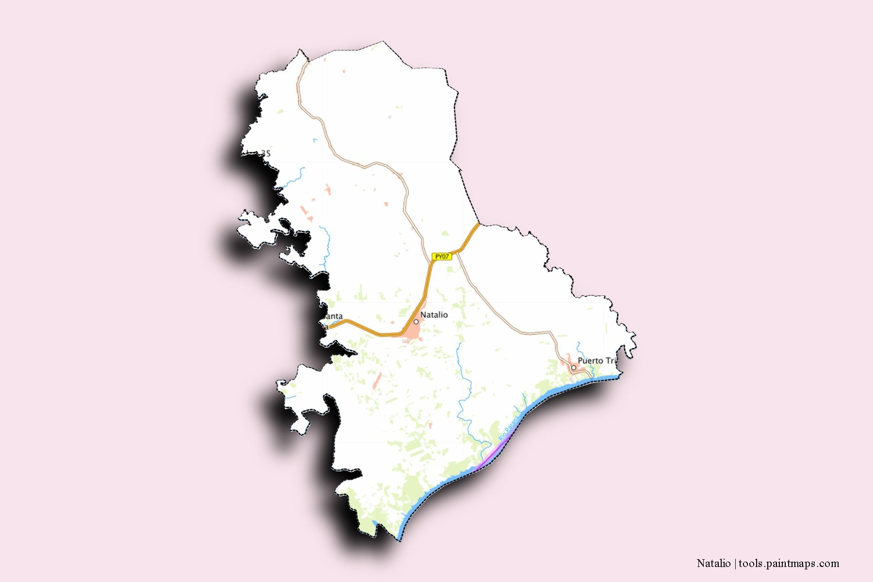 Mapa de barrios y pueblos de Natalio con efecto de sombra 3D