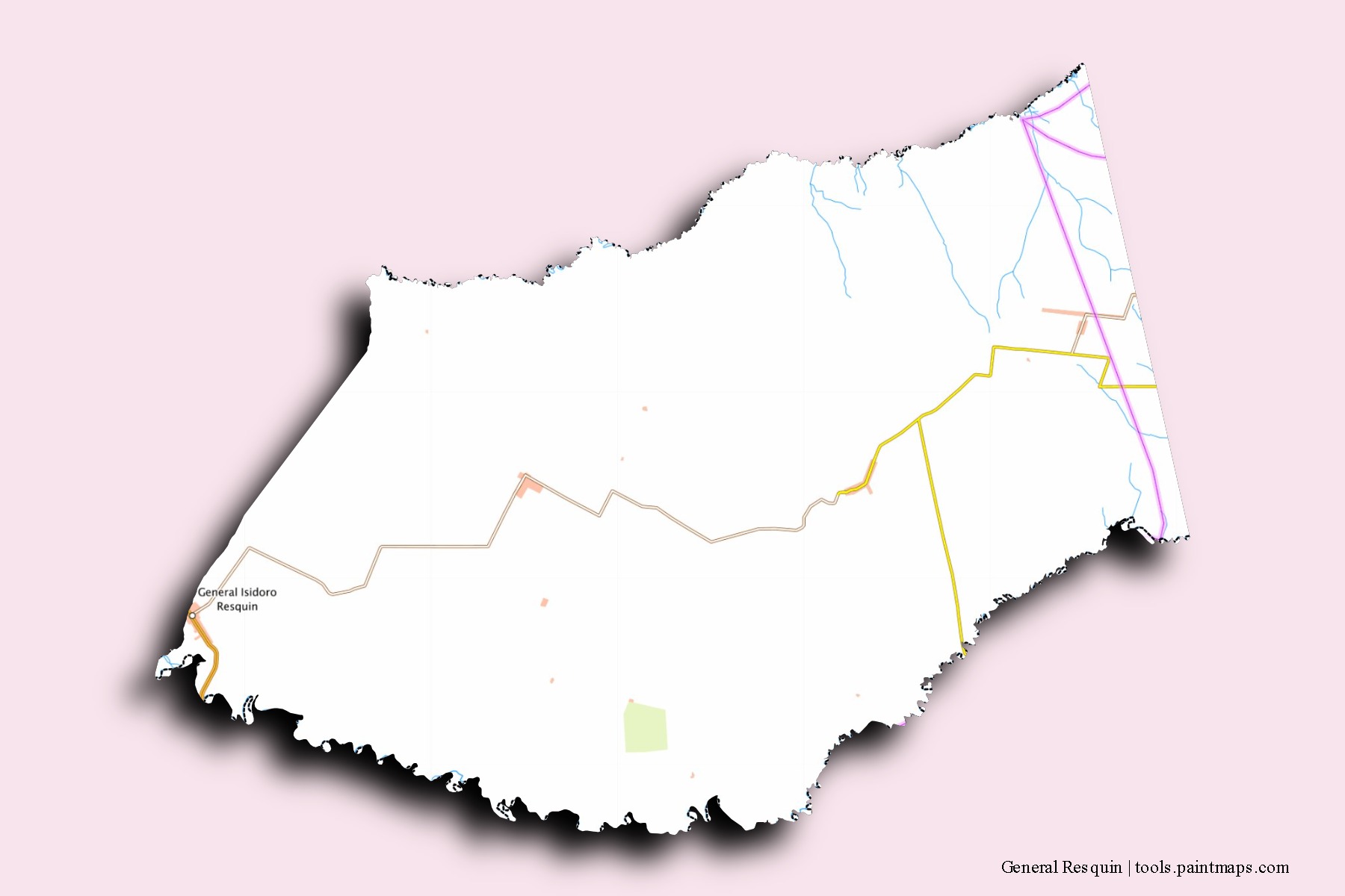 Mapa de barrios y pueblos de General Resquin con efecto de sombra 3D