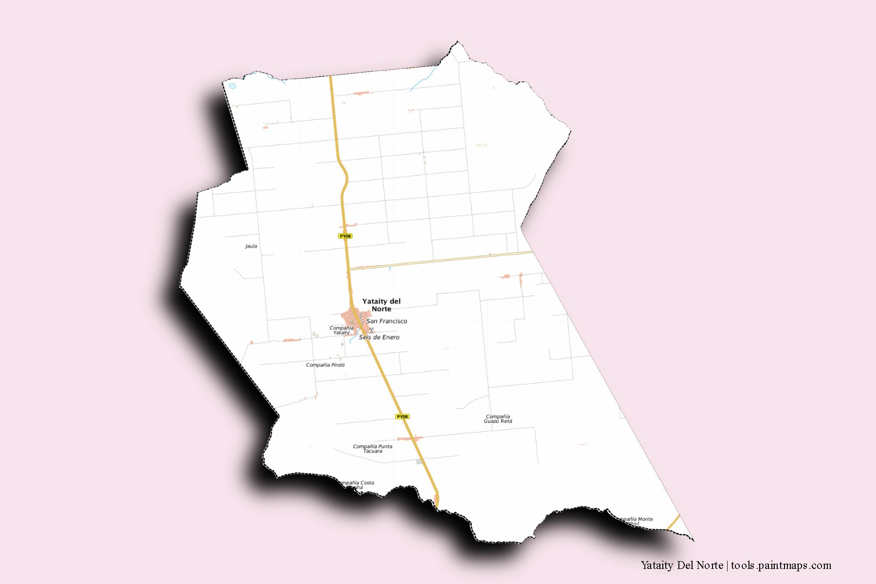 Yataity del Norte neighborhoods and villages map with 3D shadow effect