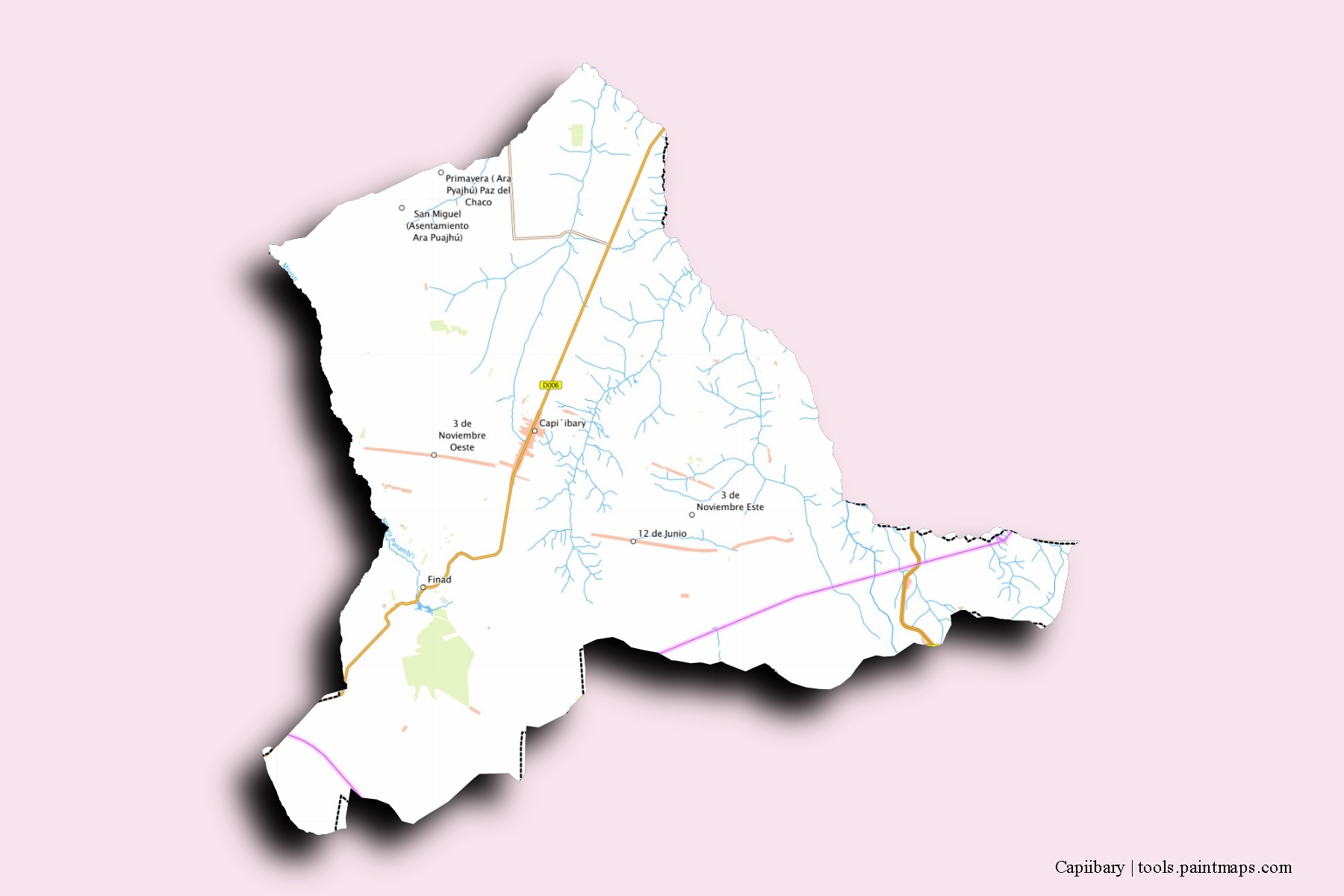 Mapa de barrios y pueblos de Capiibary con efecto de sombra 3D