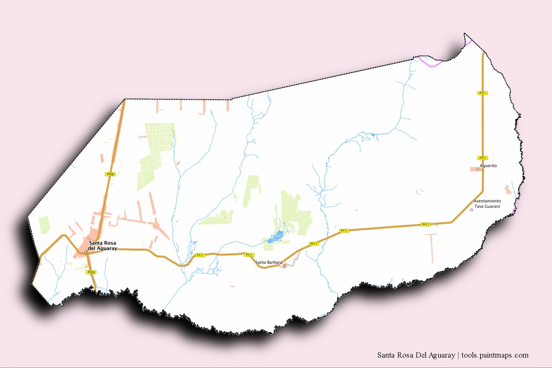 3D gölge efektli Santa Rosa Del Aguaray mahalleleri ve köyleri haritası