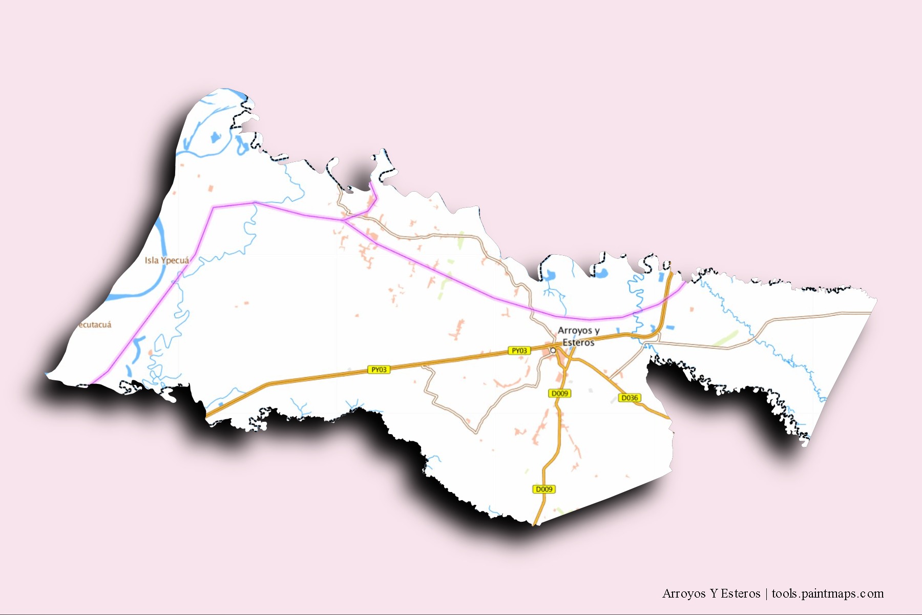 3D gölge efektli Arroyos Y Esteros mahalleleri ve köyleri haritası