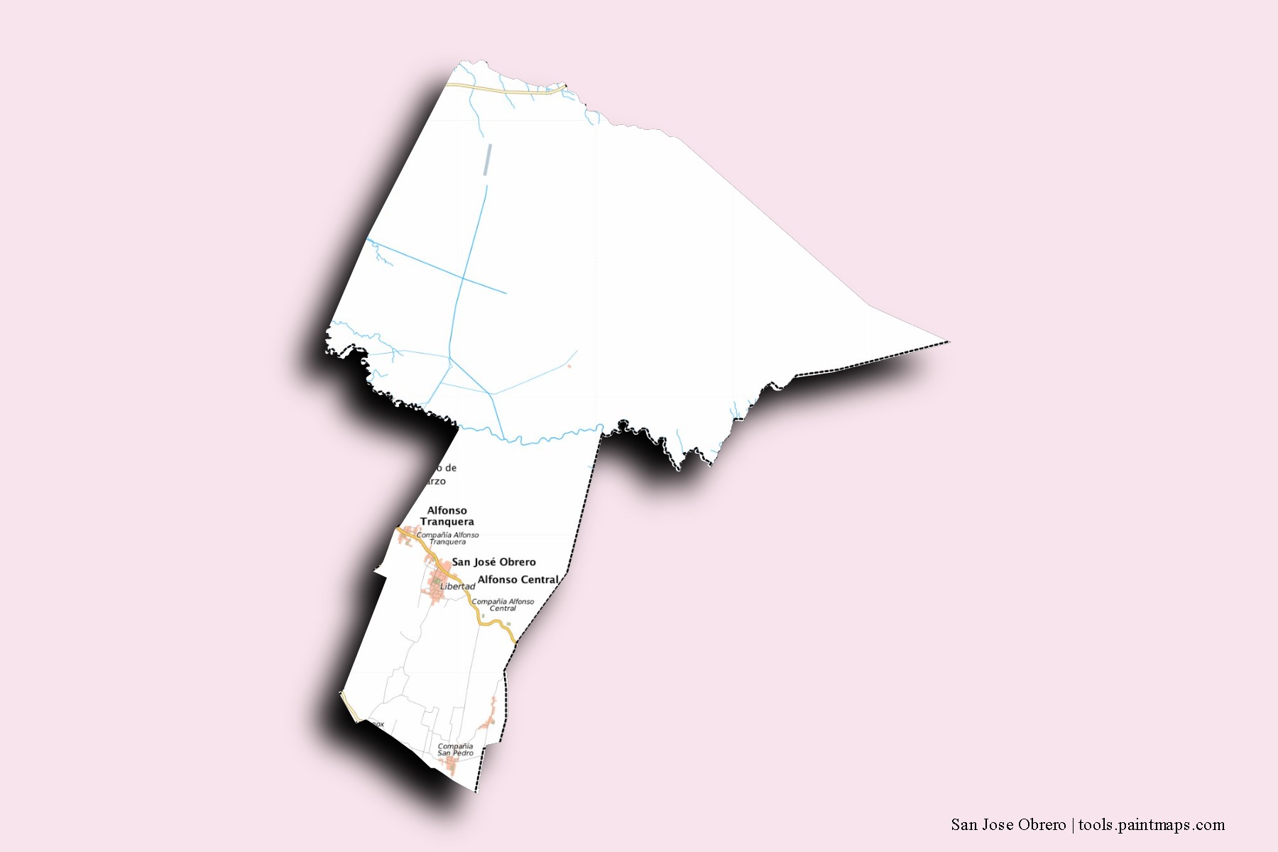 3D gölge efektli San Jose Obrero mahalleleri ve köyleri haritası