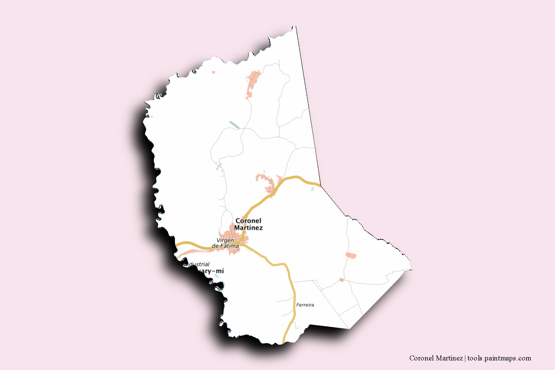 Coronel Martínez neighborhoods and villages map with 3D shadow effect